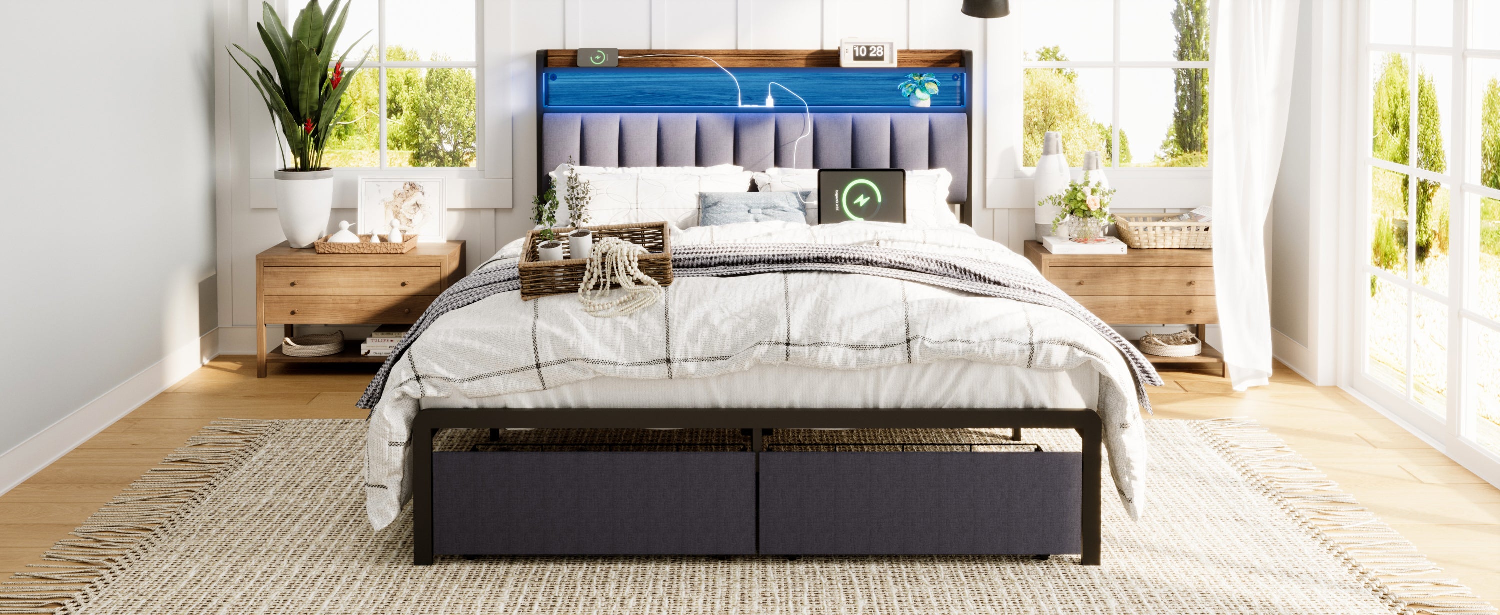 HAOYYE Queen Bed Frame with Storage Headboard and Drawers, LED Upholstered Platform Bed Frame with Built-in Charging Station, No Box Spring Needed, Easy Assembly, Sturdy and Space-Saving Design in Grey for Adults
