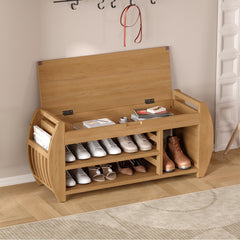 HAOYYE Retro Multifunctional Storage Bench with Cushion and Curved Side Panel for Entrance and Living Room (Natural) Sturdy Space-Saving Heavy Duty Modern Design Easy Assembly Durable Stylish Versatile