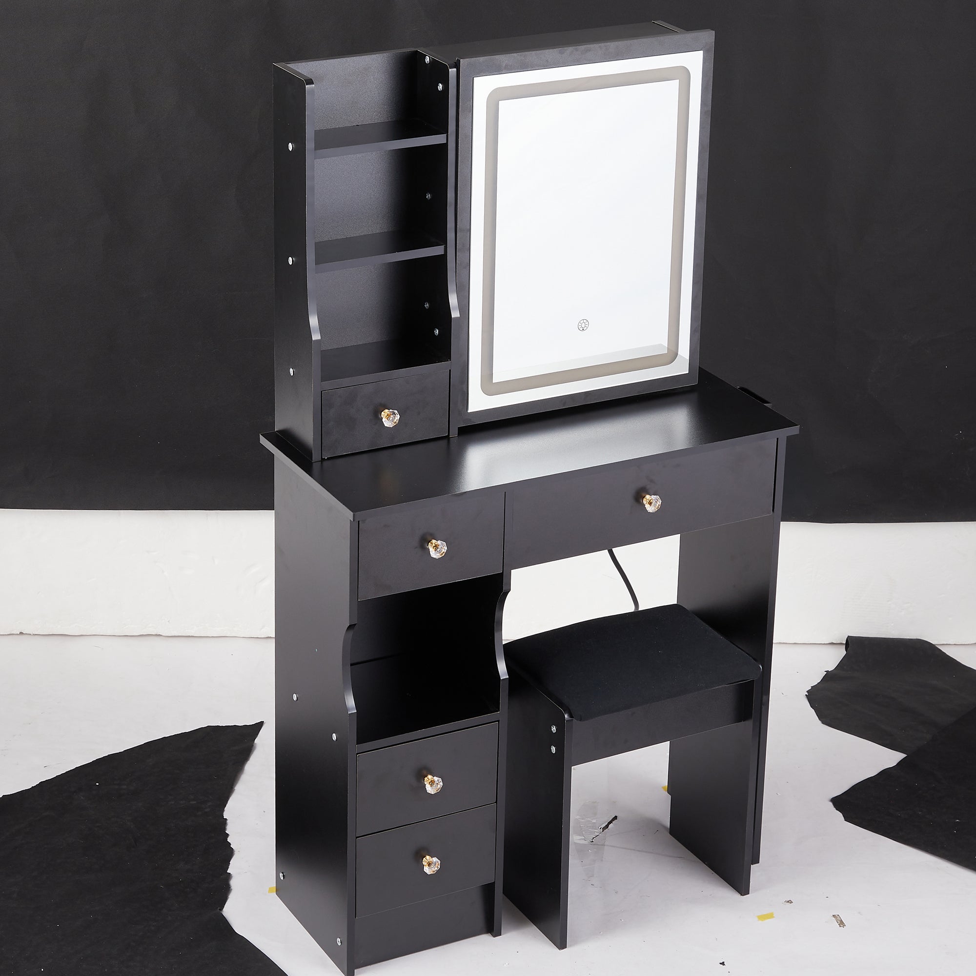 HAOYYE Compact Vanity Desk with Left Drawer, Cushioned Stool, Sliding Touch LED Mirror, Tri-Color Lighting, Adjustable Brightness, Multi-Layer Storage, EPA GCC UL Certified for Small Spaces