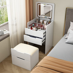 HAOYYE 3-in-1 Vanity Desk with Flip-Top Mirror, Small Makeup Vanity Set with Glass Desktop, Compact Dressing Table with 3 Drawers and Cushioned Stool, Christmas Gift, Sturdy and Stylish Home Furniture