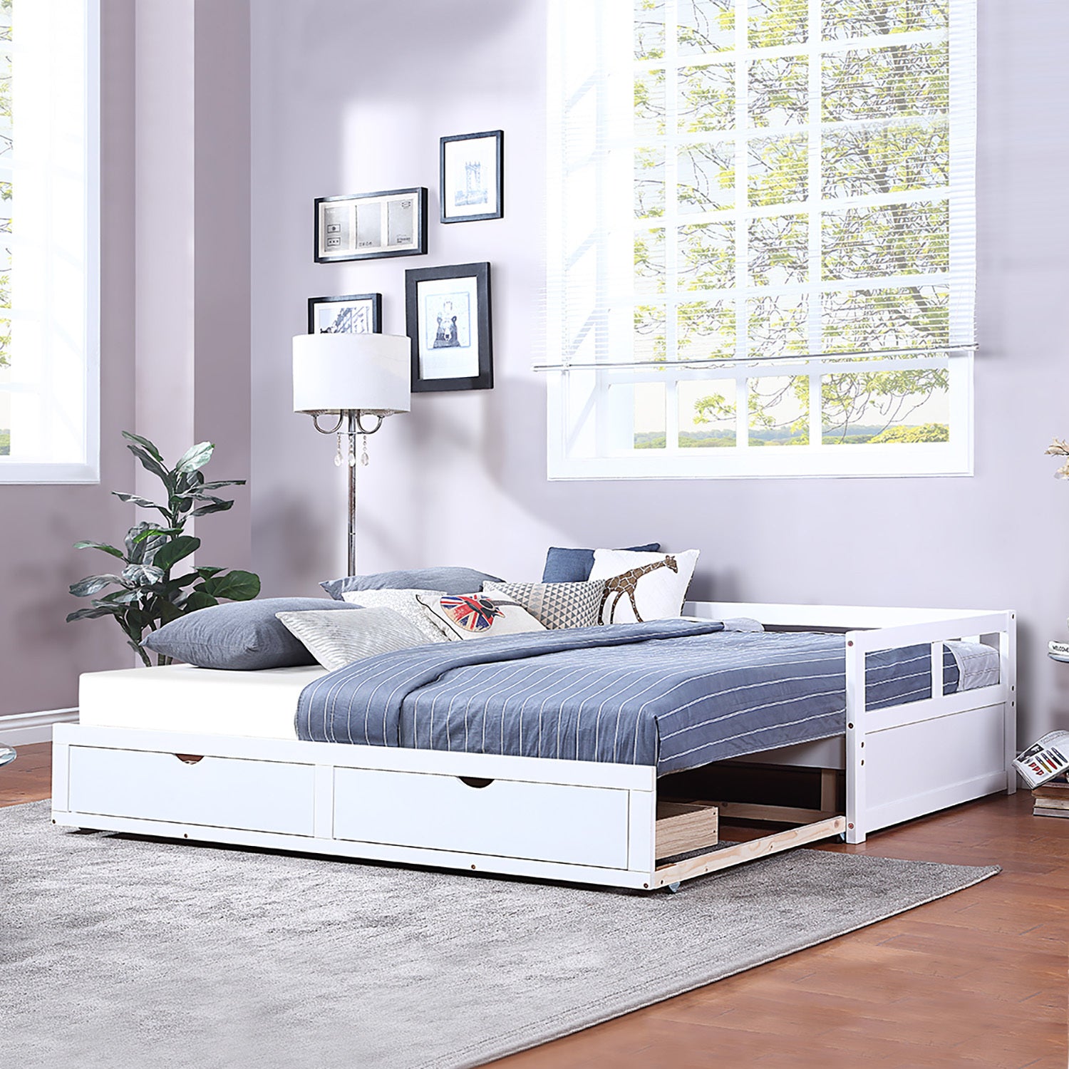 HAOYYE Wooden Daybed with Trundle and Storage Drawers, Extendable Sofa Bed for Bedroom or Living Room, White, Sturdy Space-Saving Design, Heavy Duty Construction, Easy Assembly, Durable and Stylish Home Furniture