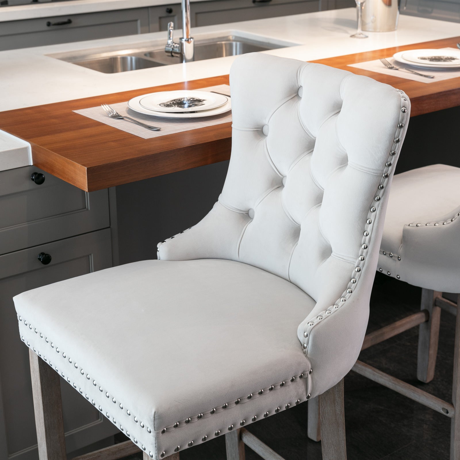 HAOYYE Contemporary Velvet Upholstered Barstools with Button Tufted Decoration and Wooden Legs, and Chrome Nailhead Trim, Leisure Style Bar Chairs,Bar stools, Set of 2 (Beige),SW2002BG Sturdy Space-Saving