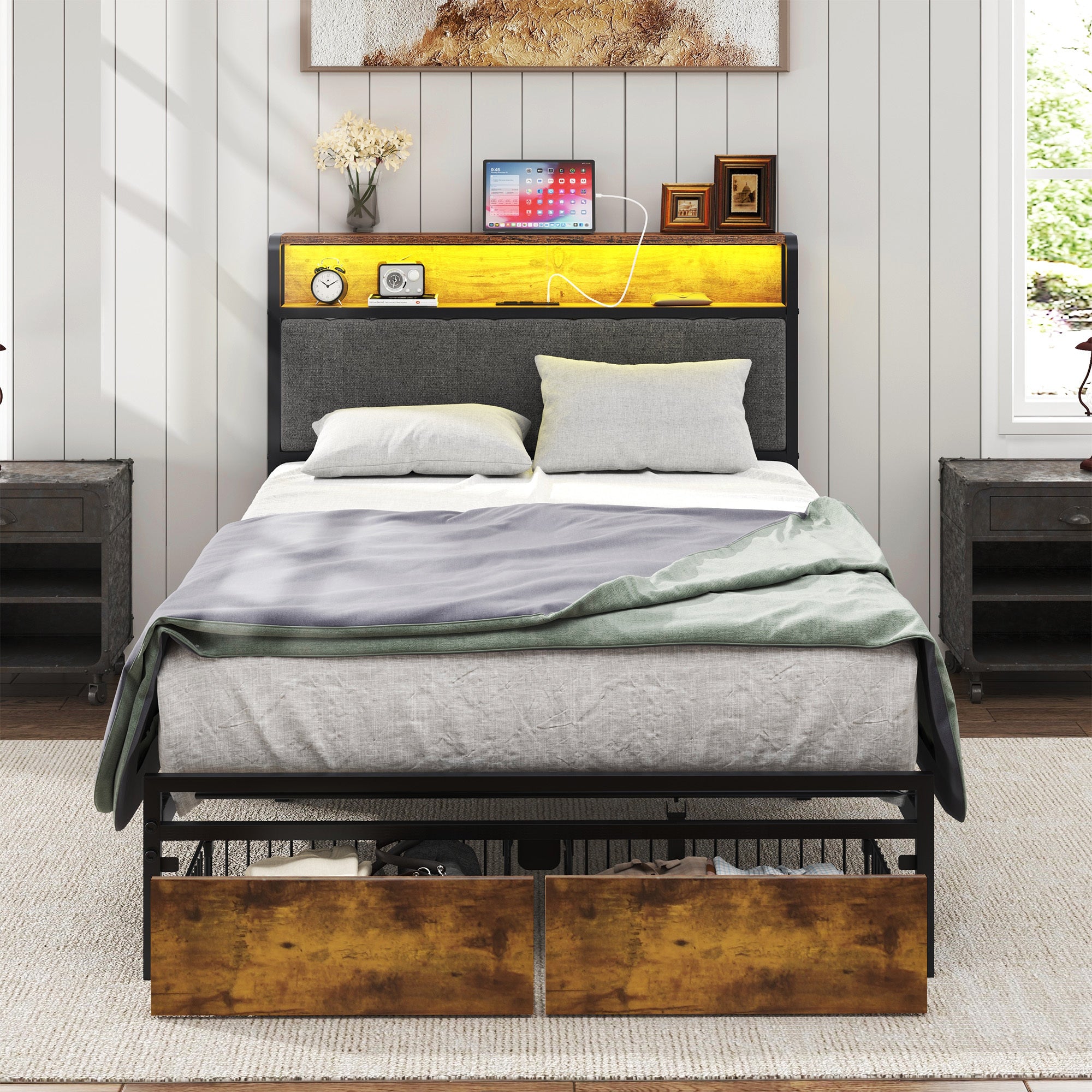 HAOYYE Twin Size Upholstered Platform Bed Frame with Storage Drawers, USB Ports, LED Lights, and Wingback Headboard, Rustic Brown, Sturdy Space-Saving Design, Heavy Duty Construction, Modern Stylish Home Furniture