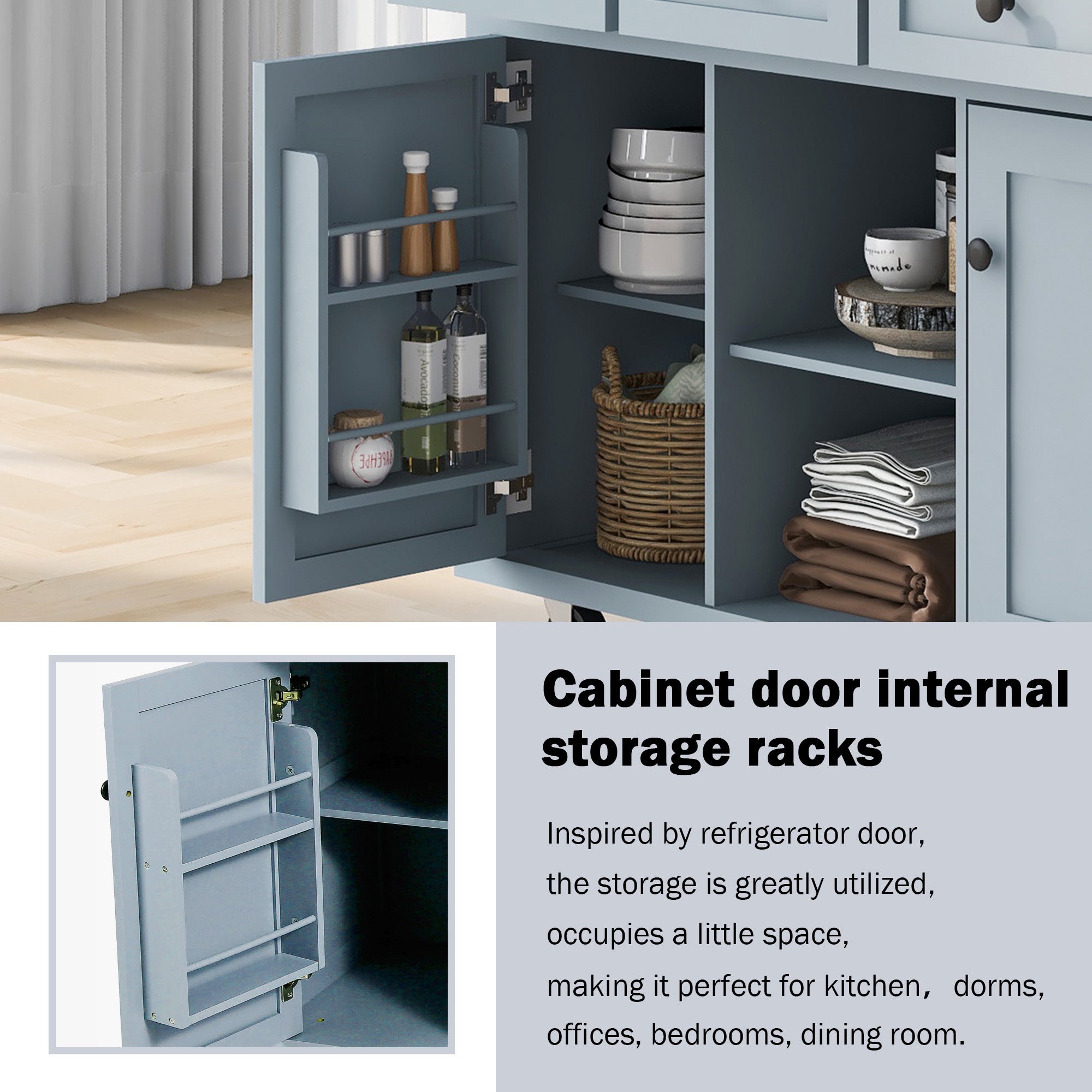 HAOYYE Kitchen Cart with Rubberwood Drop-Leaf Countertop, Cabinet Door Internal Storage Racks, Kitchen Island on 5 Wheels with Storage Cabinet and 3 Drawers for Dining Room, Grey Blue, Sturdy Space-Saving Design, Durable Home Furniture
