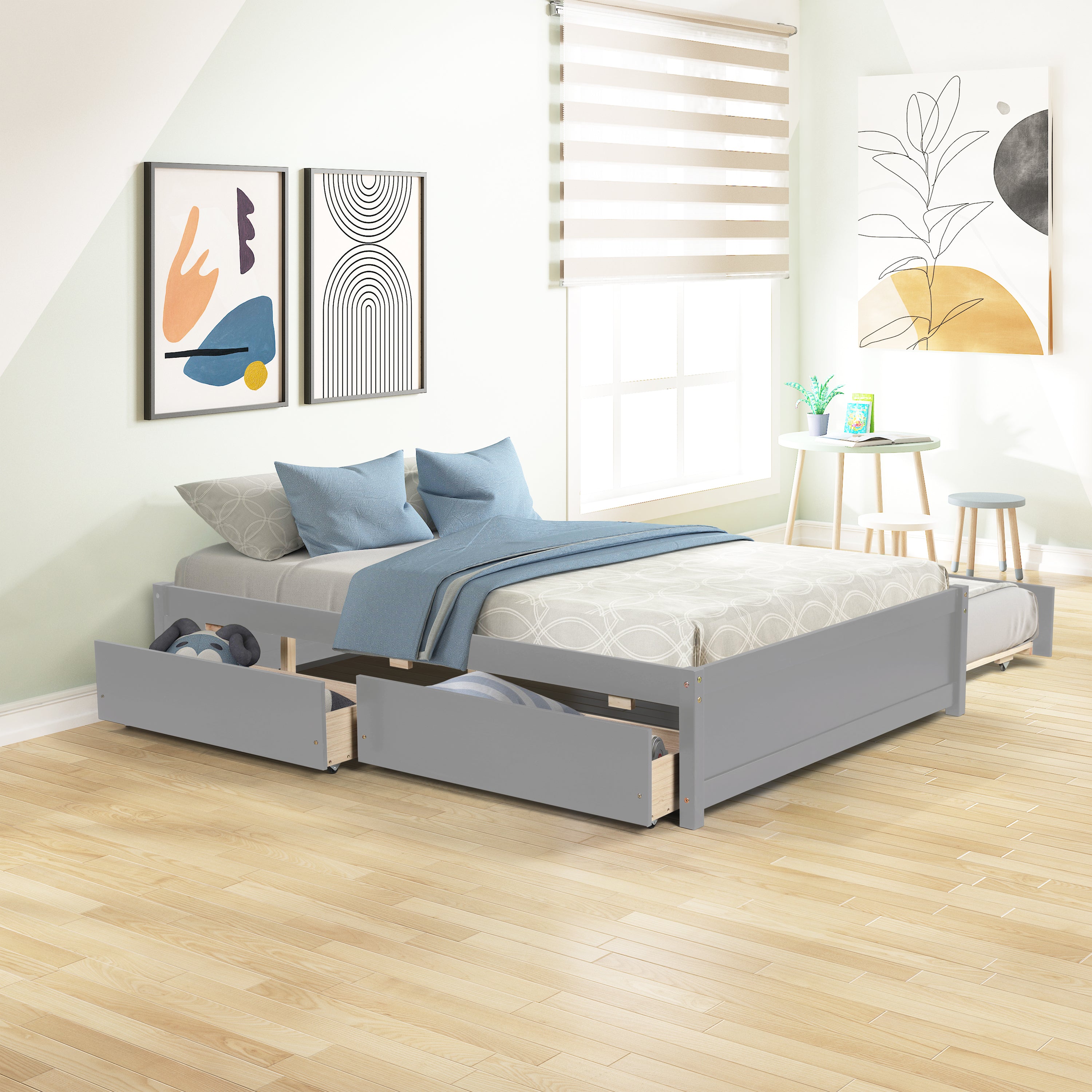 HAOYYE Full Bed With Twin Trundle And Storage Drawers, Grey Wood Platform Bed Frame, Space-Saving Heavy Duty Design, Modern Style For Bedroom Or Dorm Room, Easy Assembly