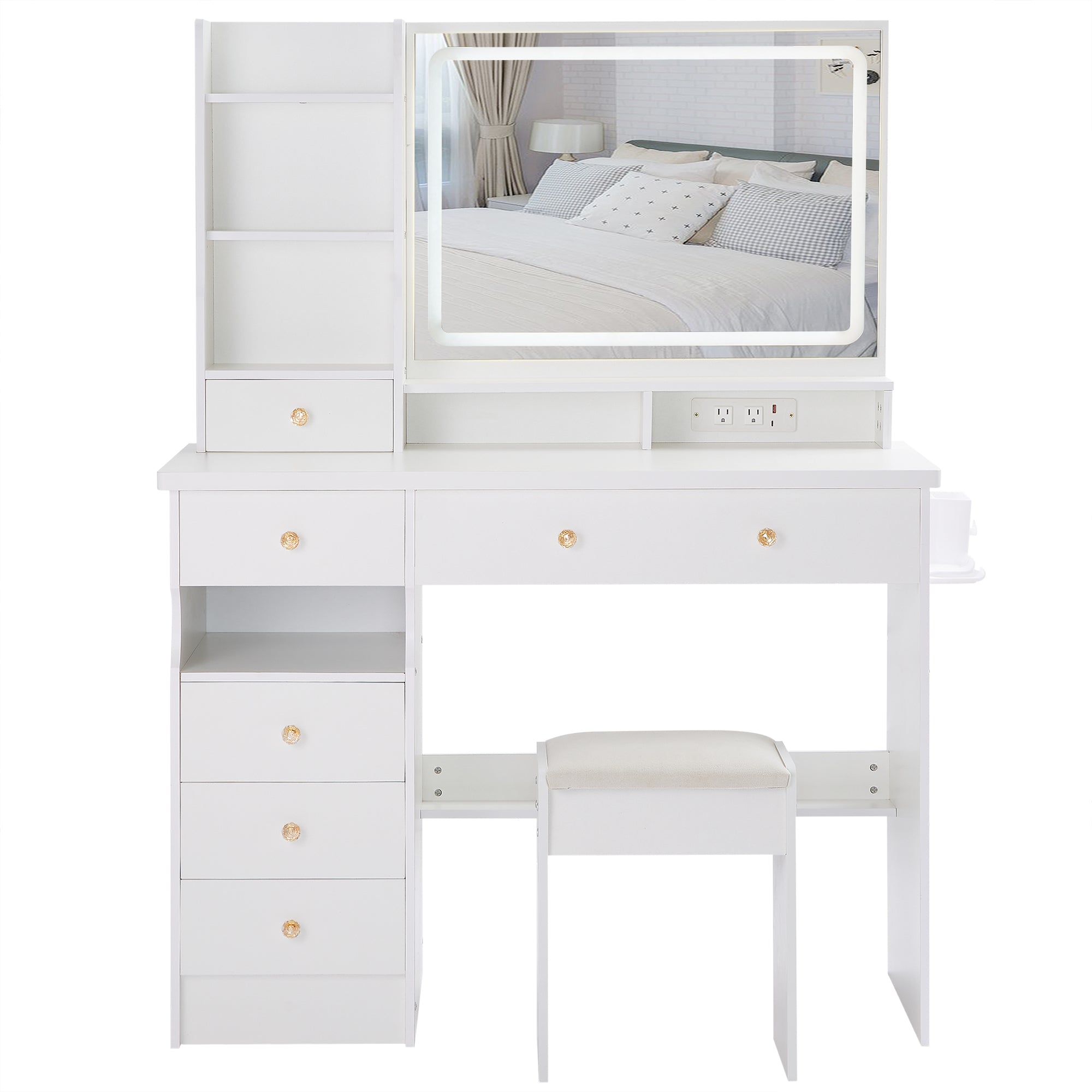 HAOYYE Large Vanity Table Set with LED Mirror, Cushioned Stool, Left Drawer Desktop, Built-in Power Station with 2 AC & 2 USB Ports, Hair Dryer Stand, Touch Control Lighting, Certified by EPA, GCC, and UL