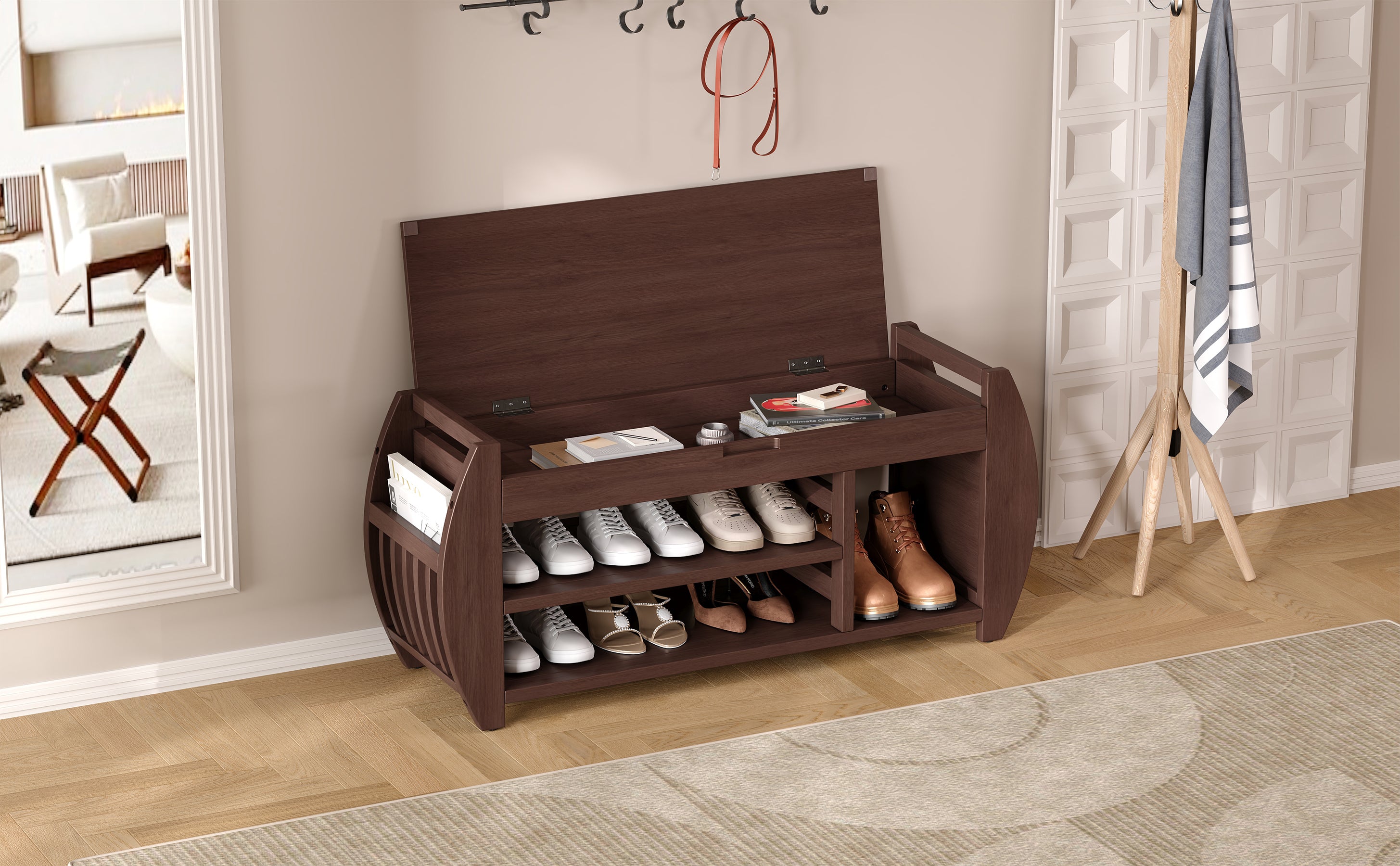 HAOYYE Retro Multifunctional Storage Bench with Cushion and Curved Side Panel for Entrance and Living Room (Espresso) Sturdy Space-Saving Heavy Duty Modern Design Easy Assembly Durable Stylish
