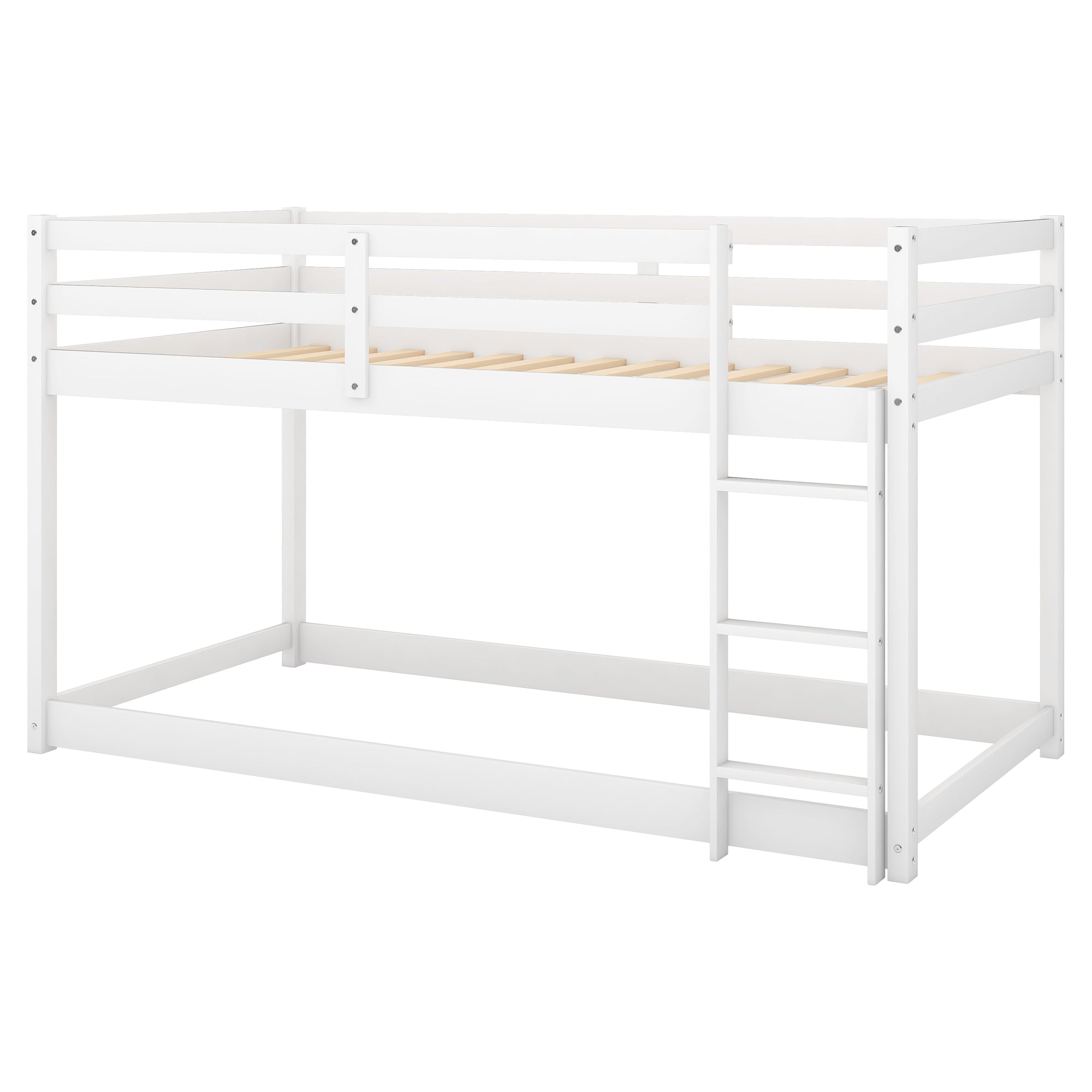 HAOYYE Twin over Twin Floor Bunk Bed with Ladder , White(Old SKU:WF281727AAK/WF286602AAK) Sturdy Space-Saving Heavy Duty Modern Design Adults Dorm Room Easy Assembly Bedroom Furniture