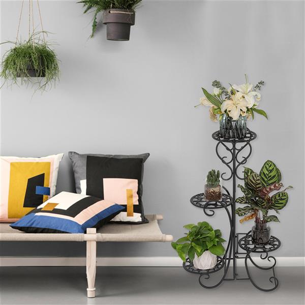 HAOYYE 4-Potted Rounded Flower Metal Shelves Plant Pot Stand, Black Durable Space-Saving Organizer, Stylish Indoor And Outdoor Garden Display Shelf, Premium Quality Decorative Storage Solution, Versatile Use Plant Rack With Modern Design