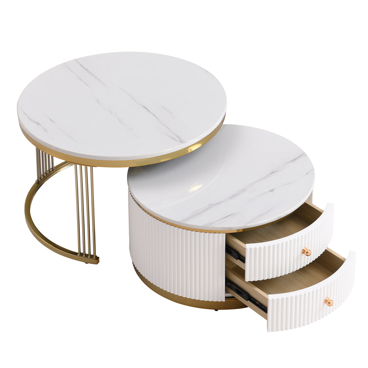 HAOYYE Modern 2-Piece White Round Nesting Coffee Table with Drawers, Sturdy and Space-Saving Design, Heavy Duty Construction, Ideal for Living Room, Bedroom, and Dorm Rooms, Easy Assembly for Adults