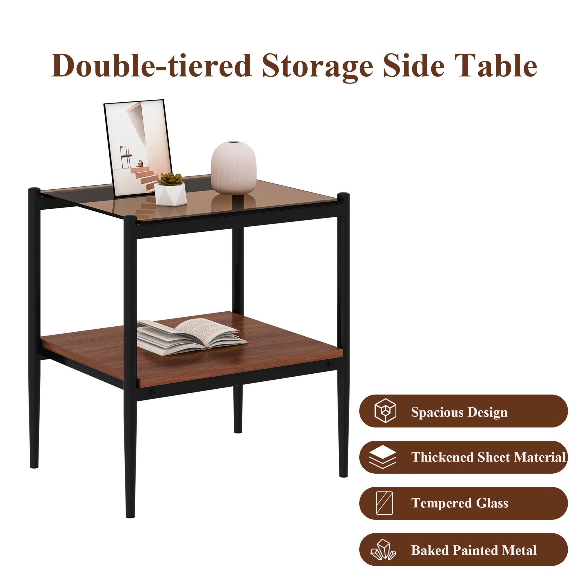 HAOYYE Modern Rectangle End Table Set of 2, Tempered Glass Tabletop With MDF Layer, Sturdy Space-Saving Heavy Duty Side Table For Living Room, Brown Finish, Easy Assembly
