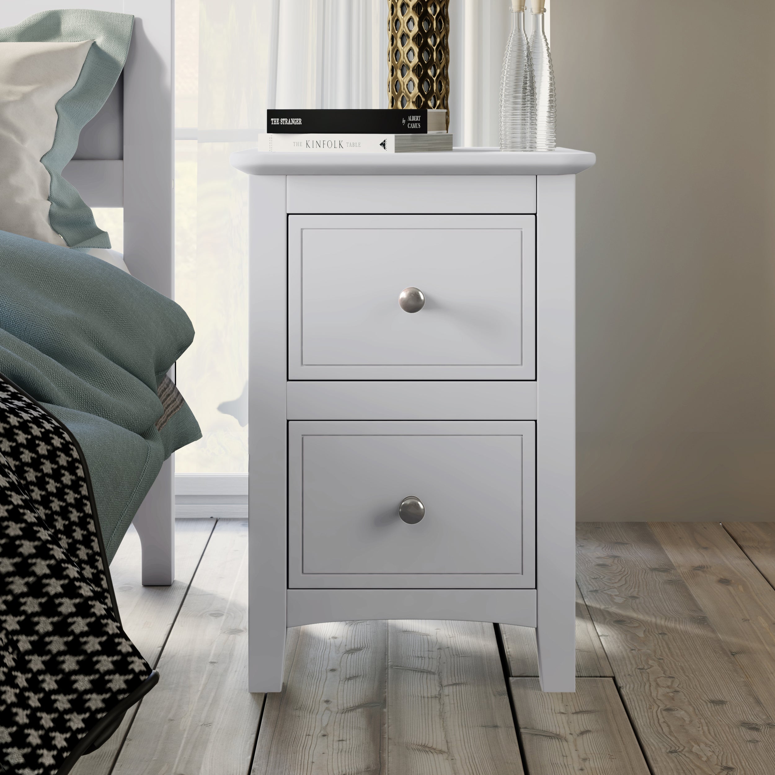 HAOYYE Solid Wood Nightstand with 2 Drawers, White Modern End Table, Sturdy Space-Saving Heavy Duty Design, Ideal for Bedroom or Dorm Room, Easy Assembly