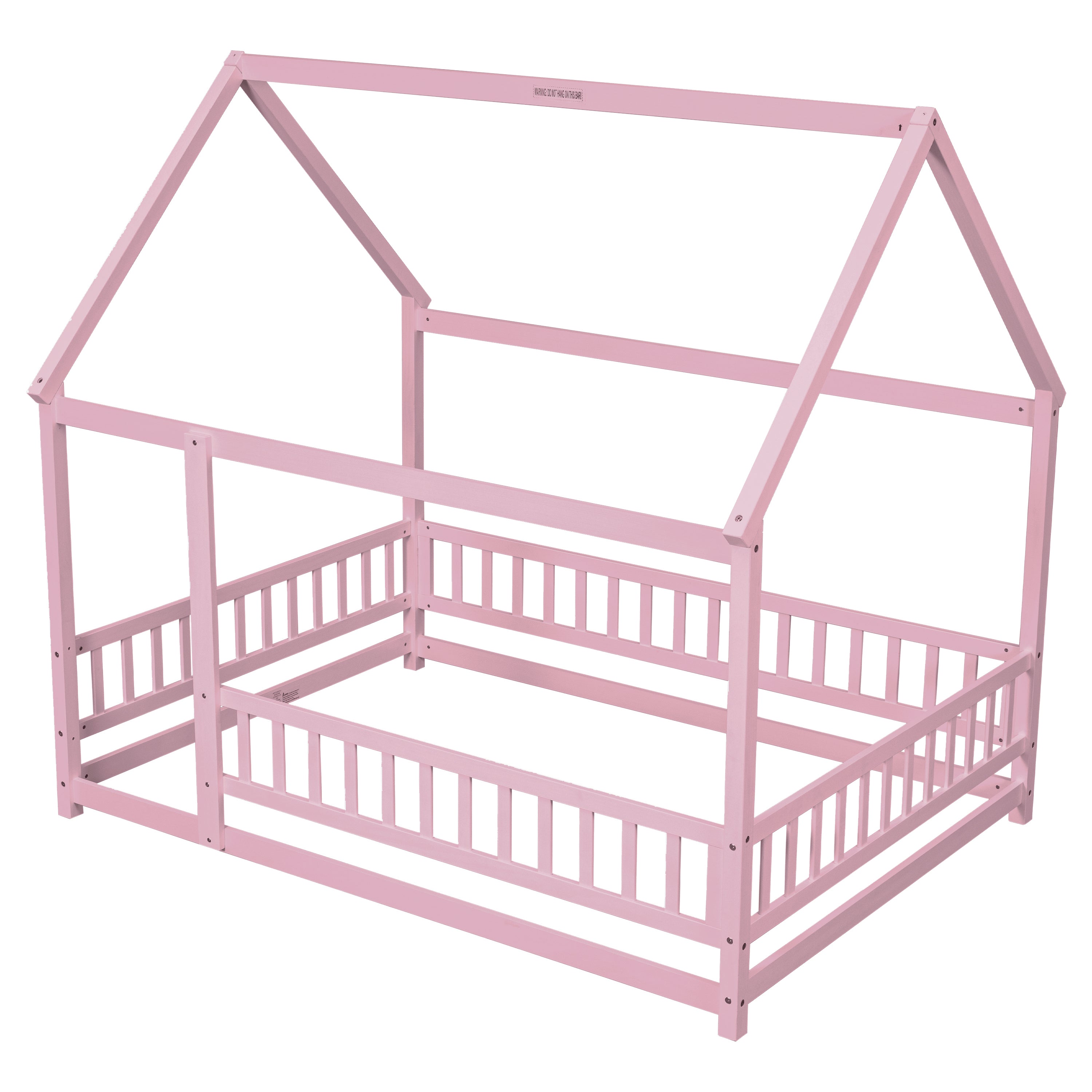 HAOYYE Full Size Floor Wooden Bed with House Roof Frame, Fence Guardrails ,Pink Sturdy Space-Saving Heavy Duty Modern Design Easy Assembly Durable Stylish Home Furniture Versatile