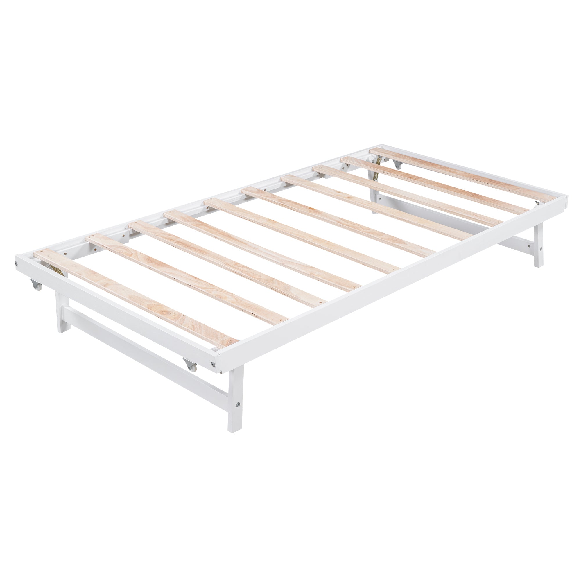 HAOYYE Full Size Platform Bed with Adjustable Trundle, White, Space-Saving Modern Design, Sturdy and Heavy-Duty Wood Frame, Ideal for Guest Room, Apartment, or Dorm, Easy Assembly Bedroom Furniture