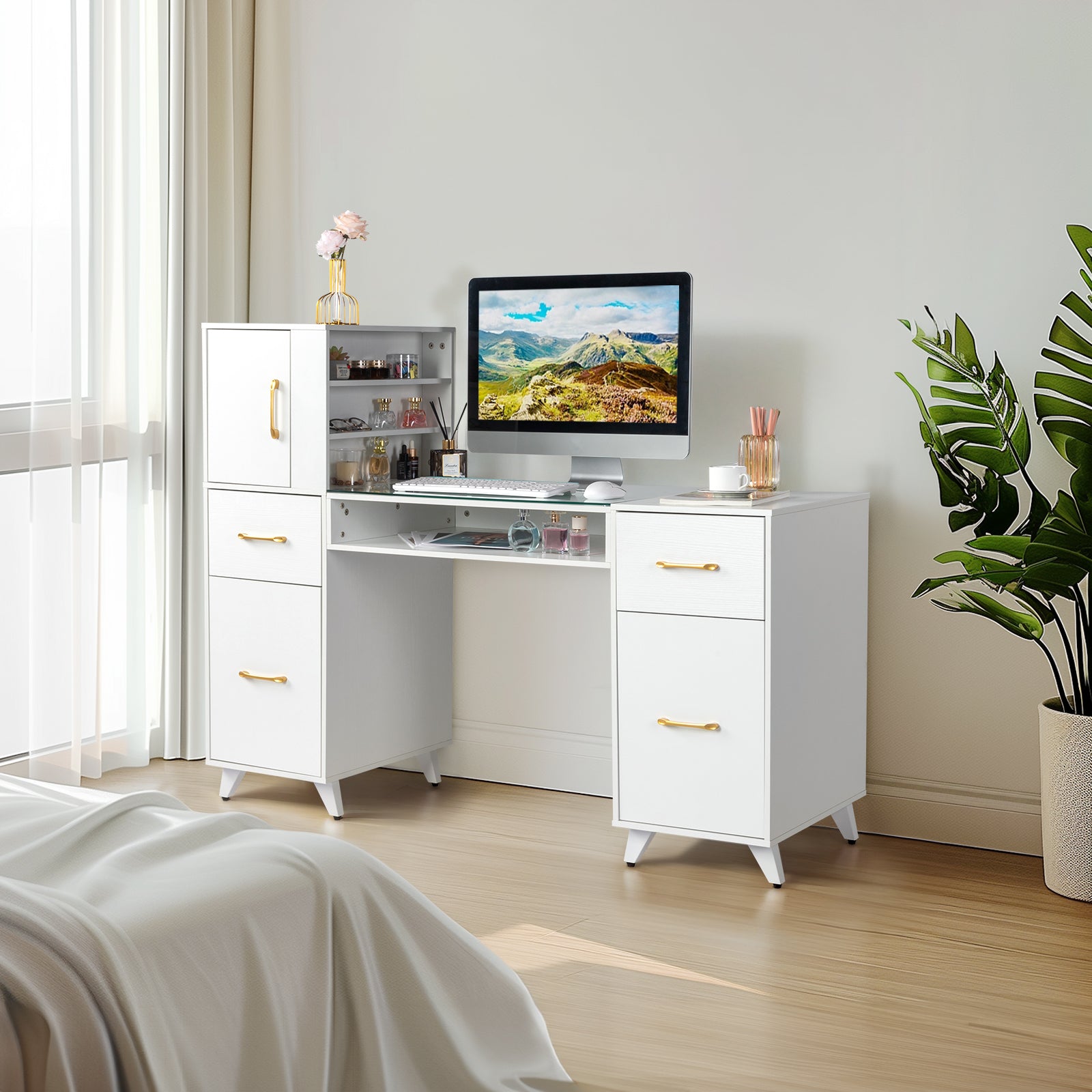 HAOYYE White Relief Nail Table with Tempered Glass Top Three Doors and Two Drawers Storage Manicure Desk Fanless Design Professional Nail Technician Station for Salon or Home Studio Use