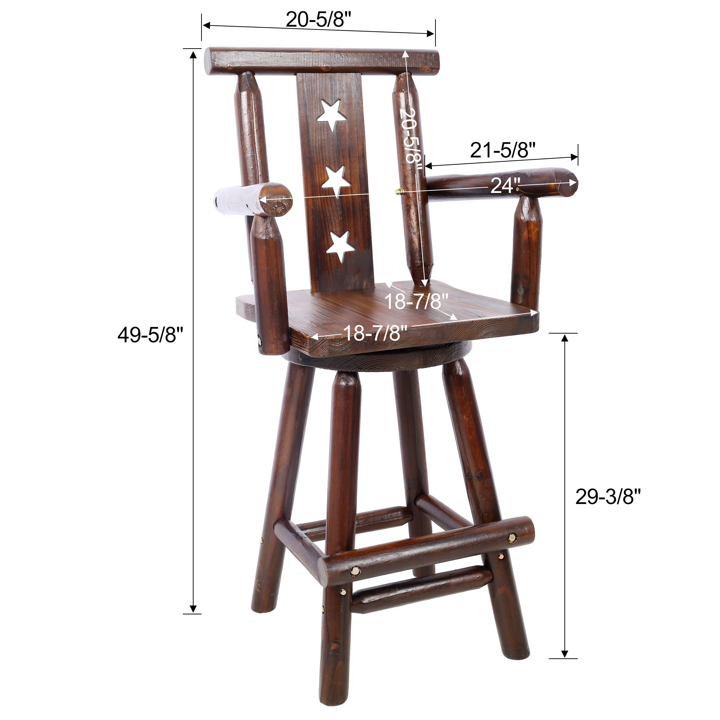 HAOYYE Rustic Bar Stool - Fir Wood Construction, Chair withDecorative Star Backrest, Footrest,Wide Armrest, Rustic Kitchen Stool, Tall Bistro Chair for Dining Room, Restaurant, Pub, 4-Foot,brown color Sturdy