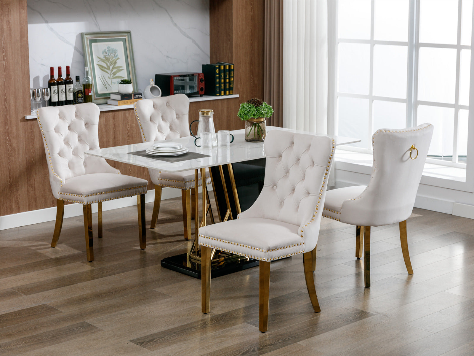 HAOYYE High-end Tufted Solid Wood Contemporary Velvet Upholstered Dining Chair with Golden Stainless Steel Plating Legs,Nailhead Trim,Set of 2,Beige and Gold, SW1601BG