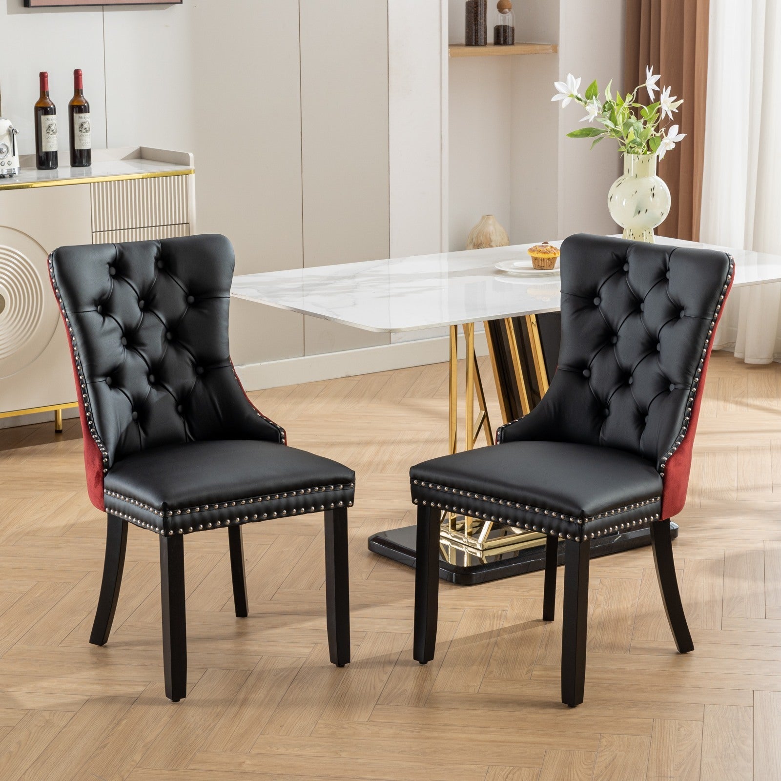HAOYYE Nikki Collection Modern, High-end Tufted Solid Wood Contemporary PU and Velvet Upholstered Dining Chair with Wood Legs Nailhead Trim 2-Pcs Set, Black+WineRed, Burgundy,SW2101BW Sturdy