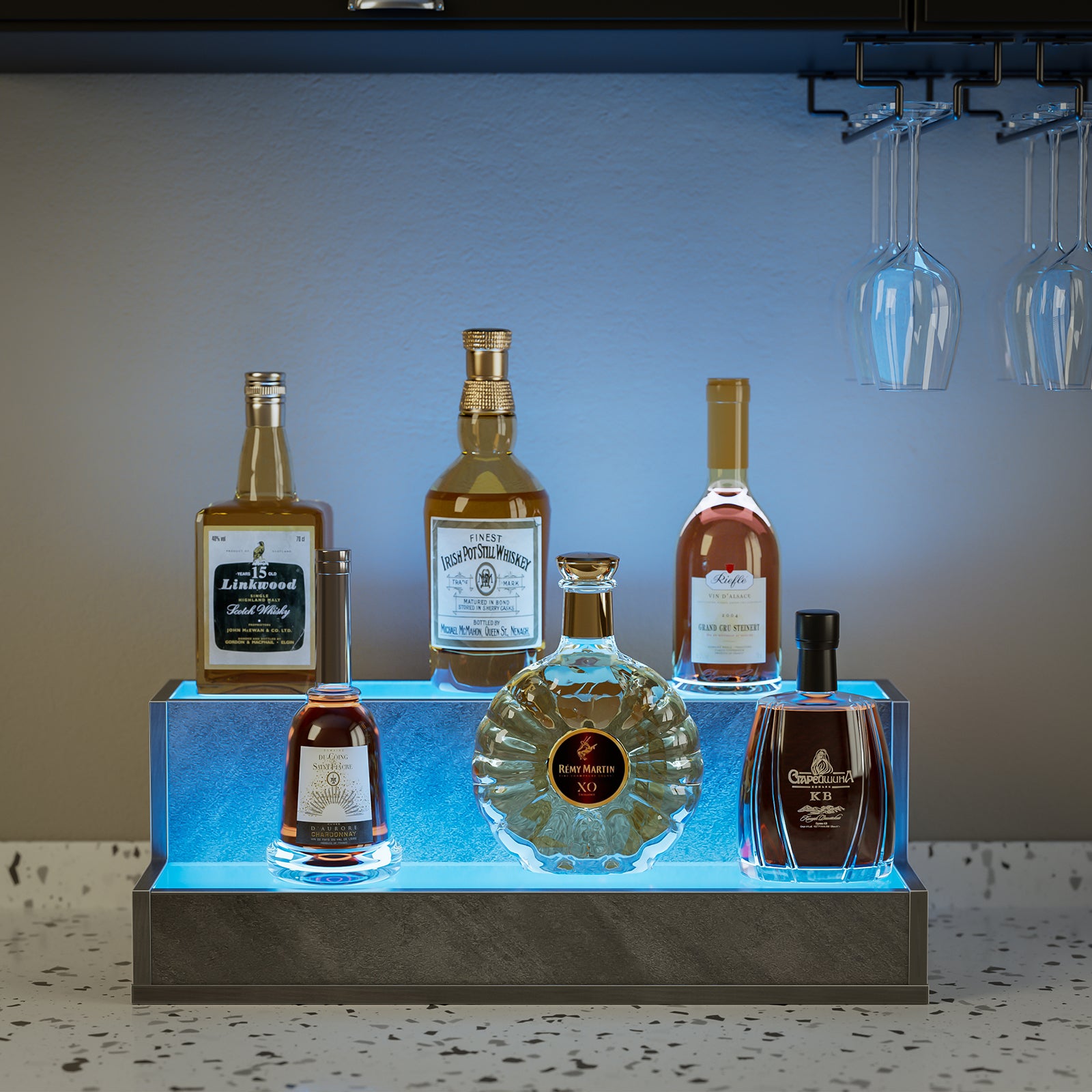 HAOYYE LED Lighted Liquor Bottle Display Shelf, 20 Inch Bar Display Shelf, DIY Illuminated Bottle Shelf with App & Remote Control, 2 Step Freestanding Holding Bottles for Home Bar, Party, Grey Sturdy