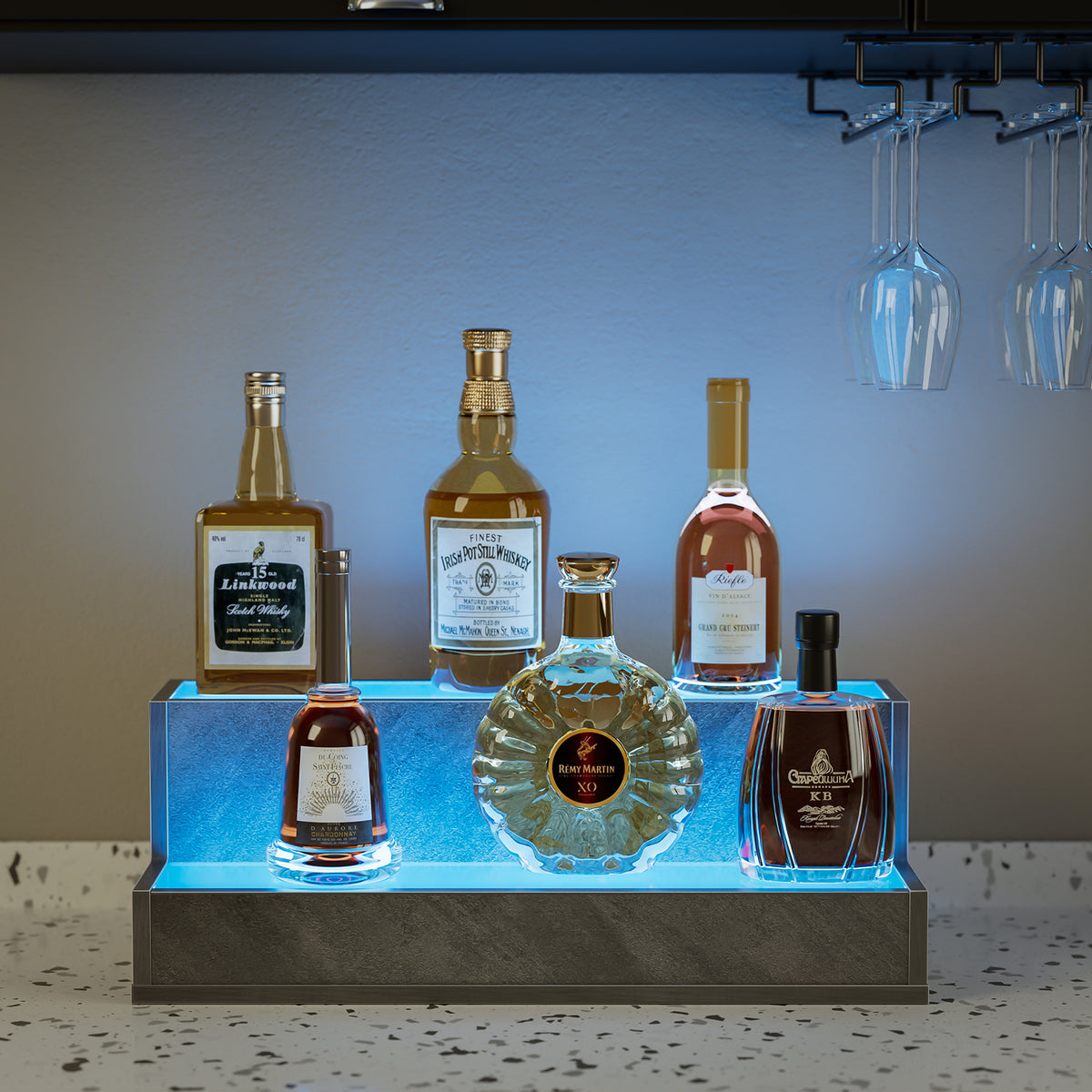 HAOYYE LED Lighted Liquor Bottle Display Shelf, 20 Inch Bar Display Shelf, DIY Illuminated Bottle Shelf with App & Remote Control, 2 Step Freestanding Holding Bottles for Home Bar, Party, Grey Sturdy