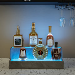 HAOYYE LED Lighted Liquor Bottle Display Shelf, 20 Inch Bar Display Shelf, DIY Illuminated Bottle Shelf with App & Remote Control, 2 Step Freestanding Holding Bottles for Home Bar, Party, Grey Sturdy