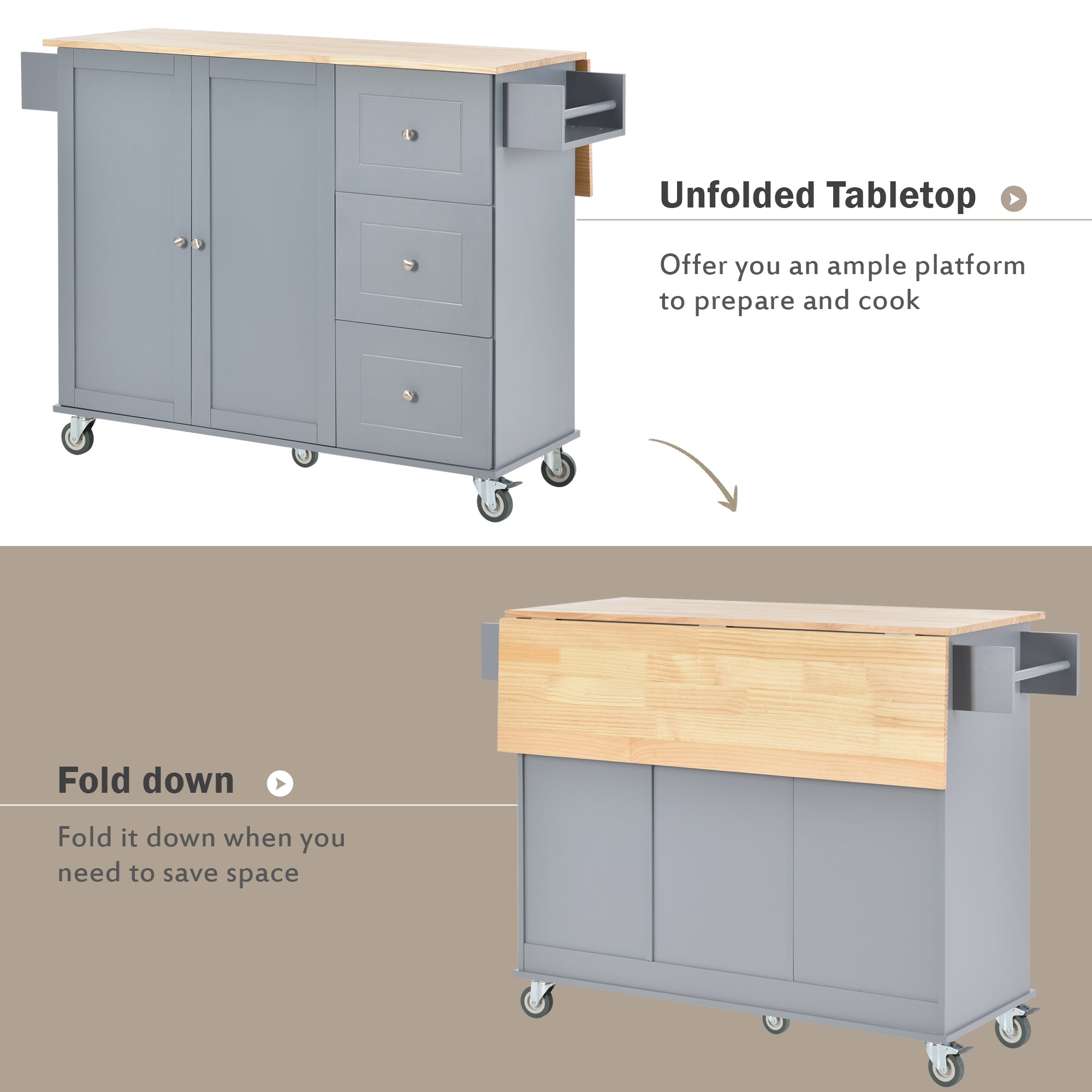 HAOYYE Rolling Mobile Kitchen Island With Solid Wood Top, Storage Cabinet, Drop Leaf Breakfast Bar, Spice Rack, Towel Rack, And Drawer, Grey Blue, Sturdy Space-Saving Design With Locking Wheels