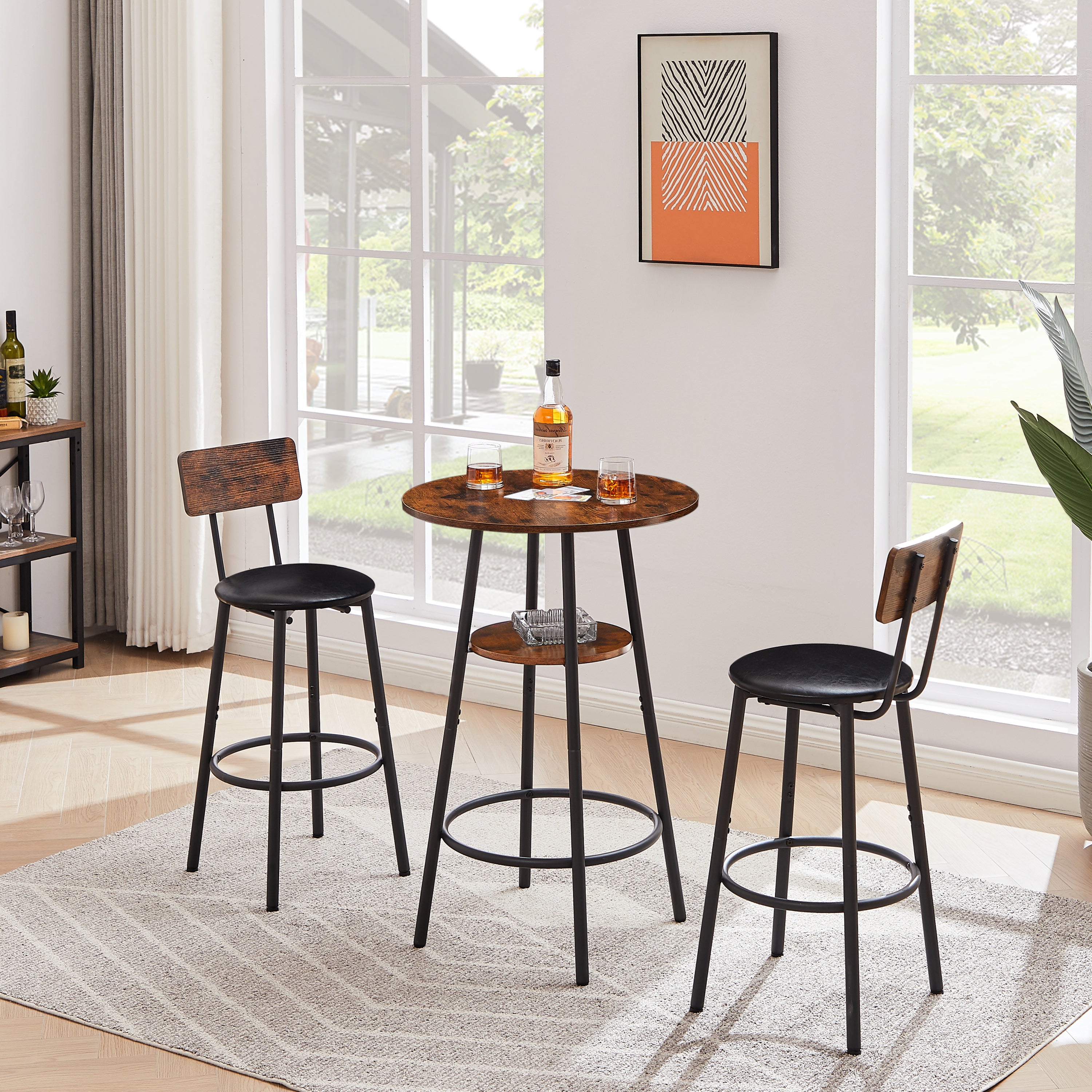 HAOYYE Round Bar Stool Set with Shelf, Upholstered Stool with Backrest, Rustic Brown, Sturdy Space-Saving Heavy Duty Design, Easy Assembly, Stylish and Durable, Ideal for Small Spaces