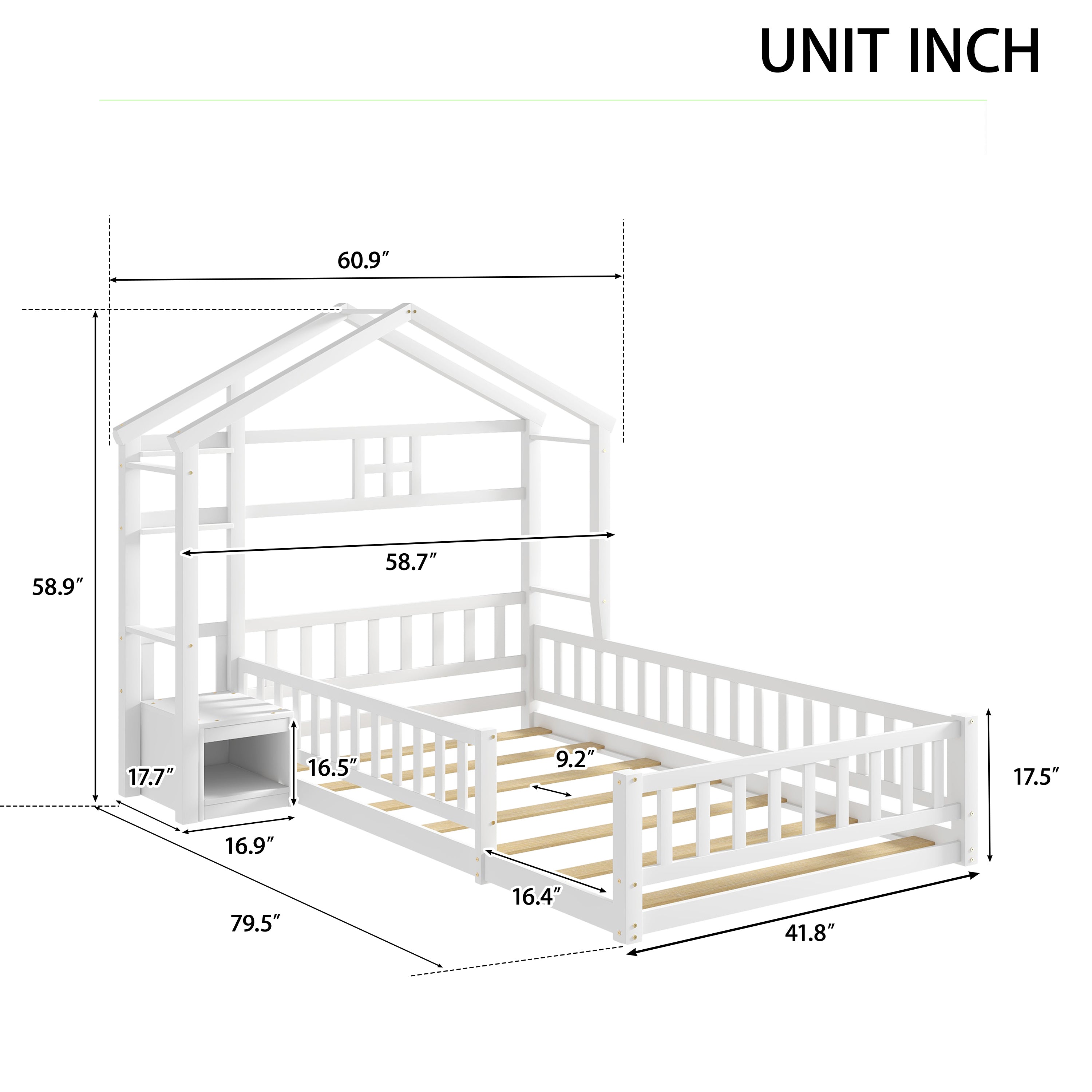 HAOYYE Twin Size House Shape Headboard Floor Bed with Guardrails, Slats Support, Nightstand ,White Sturdy Space-Saving Heavy Duty Modern Design Adults Dorm Room Easy Assembly Bedroom Furniture
