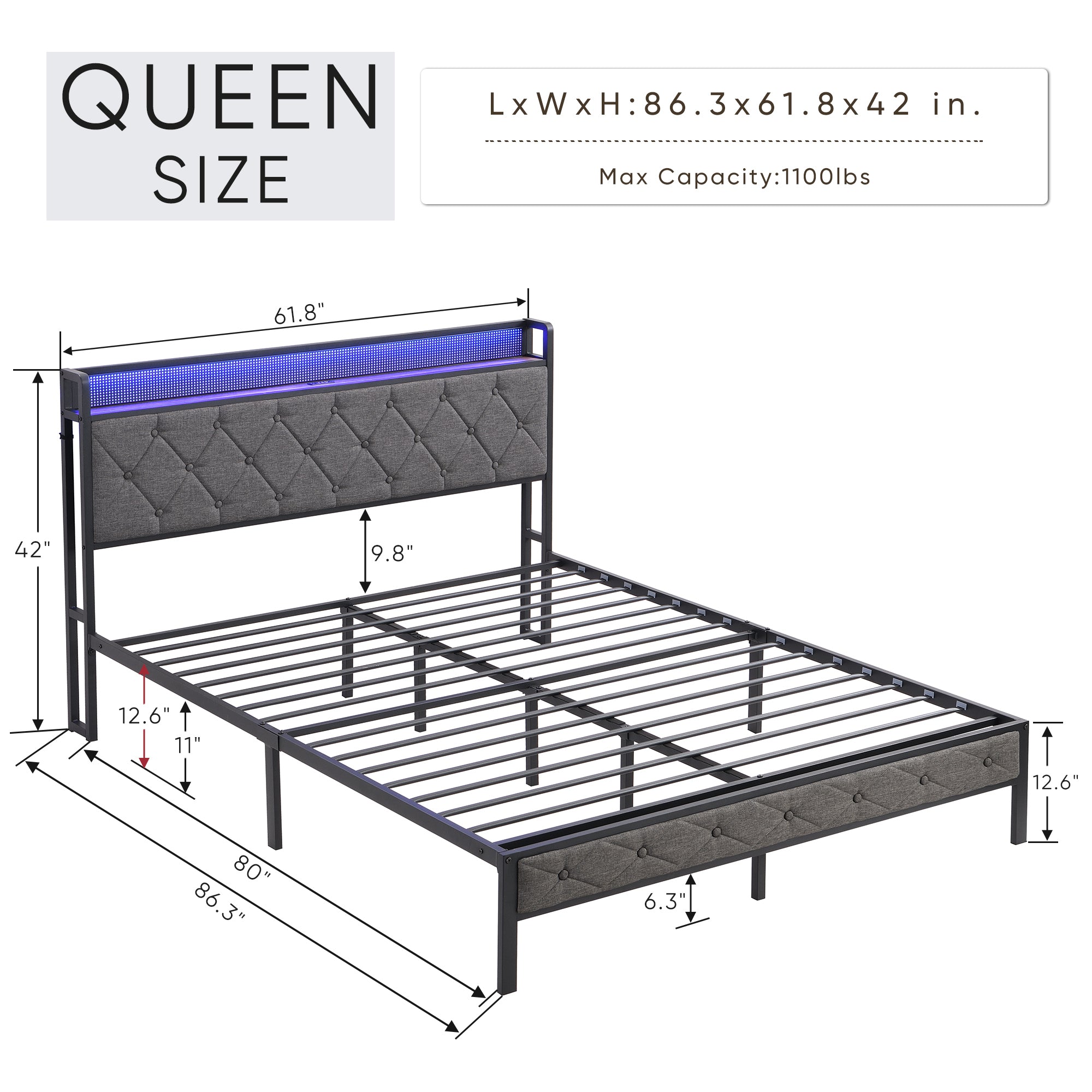 HAOYYE Queen Bed Frame with Storage Headboard, Charging Station and LED Lights, Upholstered Platform Bed with Heavy Metal Slats, No Box Spring Needed, Noise Free, Easy Assembly, Dark Gray Sturdy Space-Saving