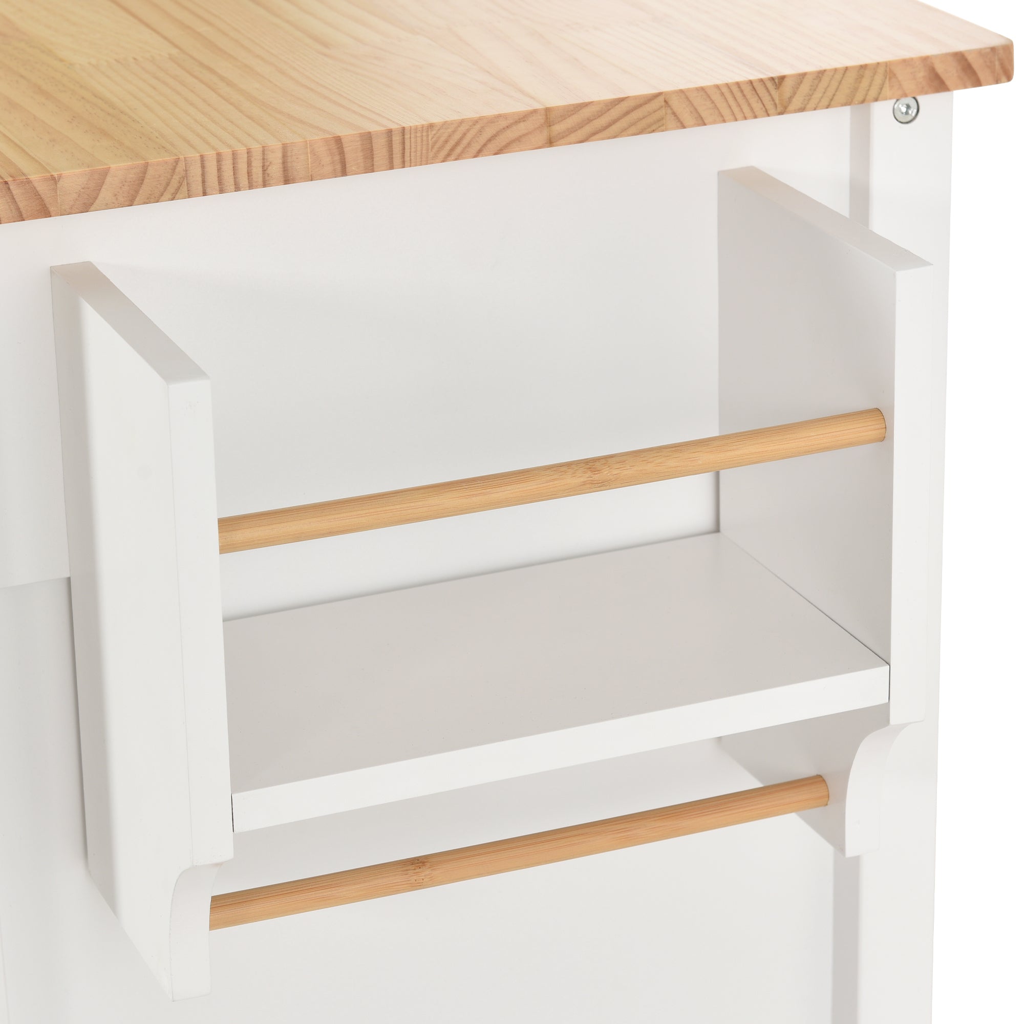 HAOYYE Kitchen Island Cart with Solid Wood Top, Locking Wheels, Four Door Cabinet, Two Drawers, Spice Rack, and Towel Rack, White, Sturdy Space-Saving Design, Heavy Duty Construction, Easy Assembly, Durable and Stylish Home Furniture