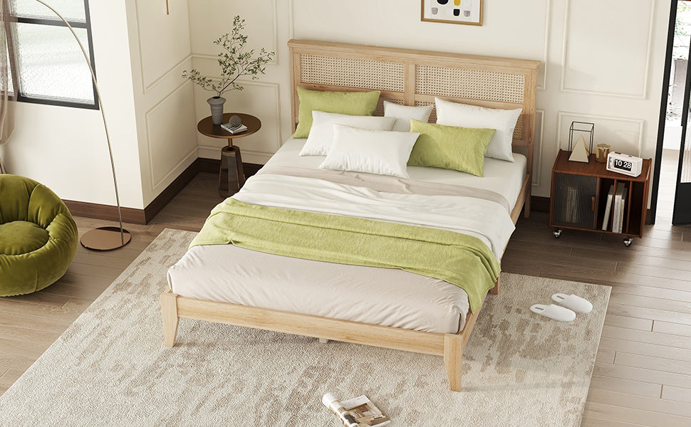 HAOYYE Queen Size Rubber Wooden, Solid Wooden Bed with Rattan Headboard, Enhanced by Support Feet,Oak White Sturdy Space-Saving Heavy Duty Modern Design Adults Dorm Room Easy Assembly Bedroom Furniture