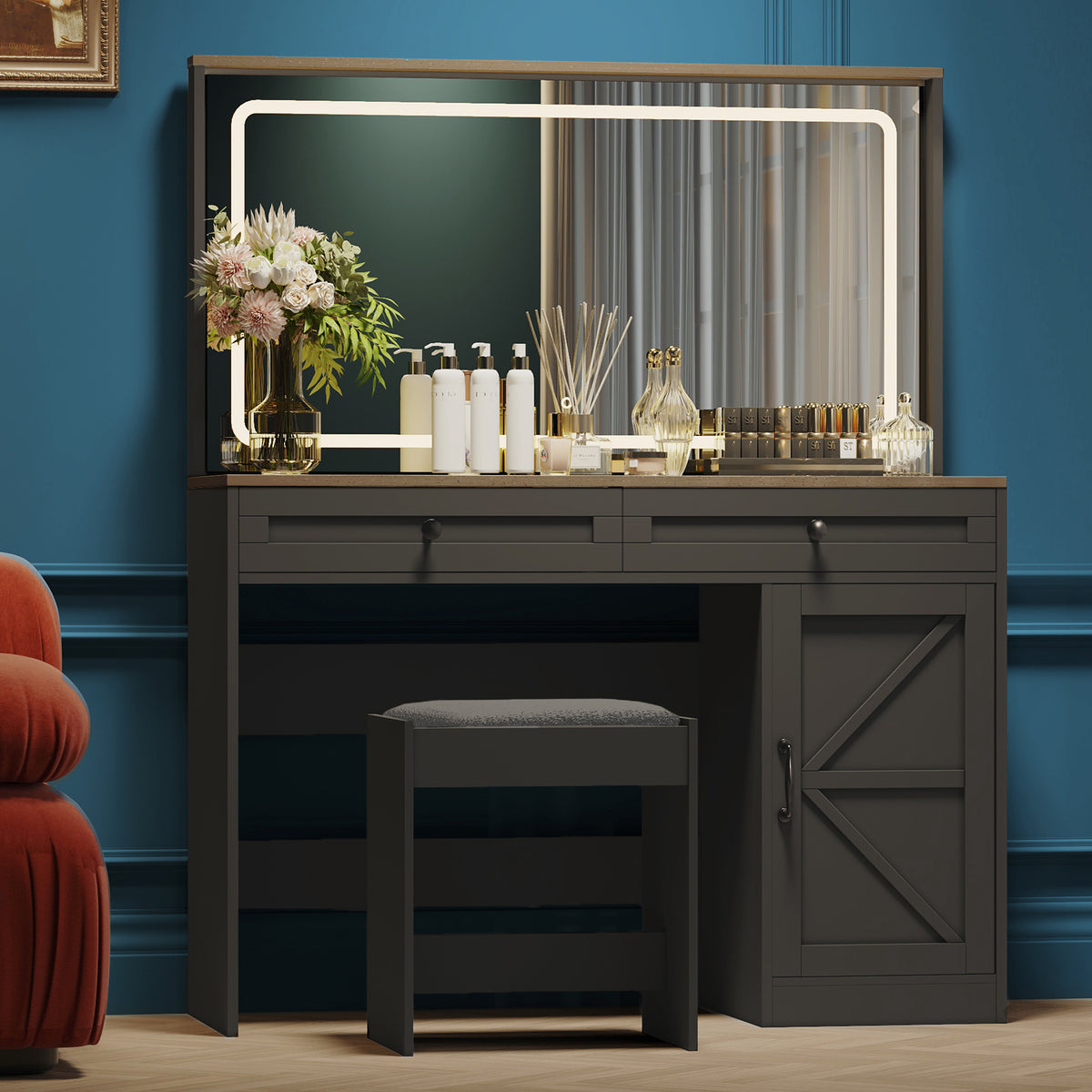 HAOYYE Makeup Vanity Table with LED Light, Large Mirror, Adjustable Brightness, Dressing Table Desk with 3 Drawers, Black Vanity Desk with Stool, Sturdy Space-Saving Design