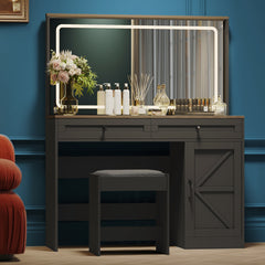 HAOYYE Makeup Vanity Table with LED Light, Large Mirror, Adjustable Brightness, Dressing Table Desk with 3 Drawers, Black Vanity Desk with Stool, Sturdy Space-Saving Design