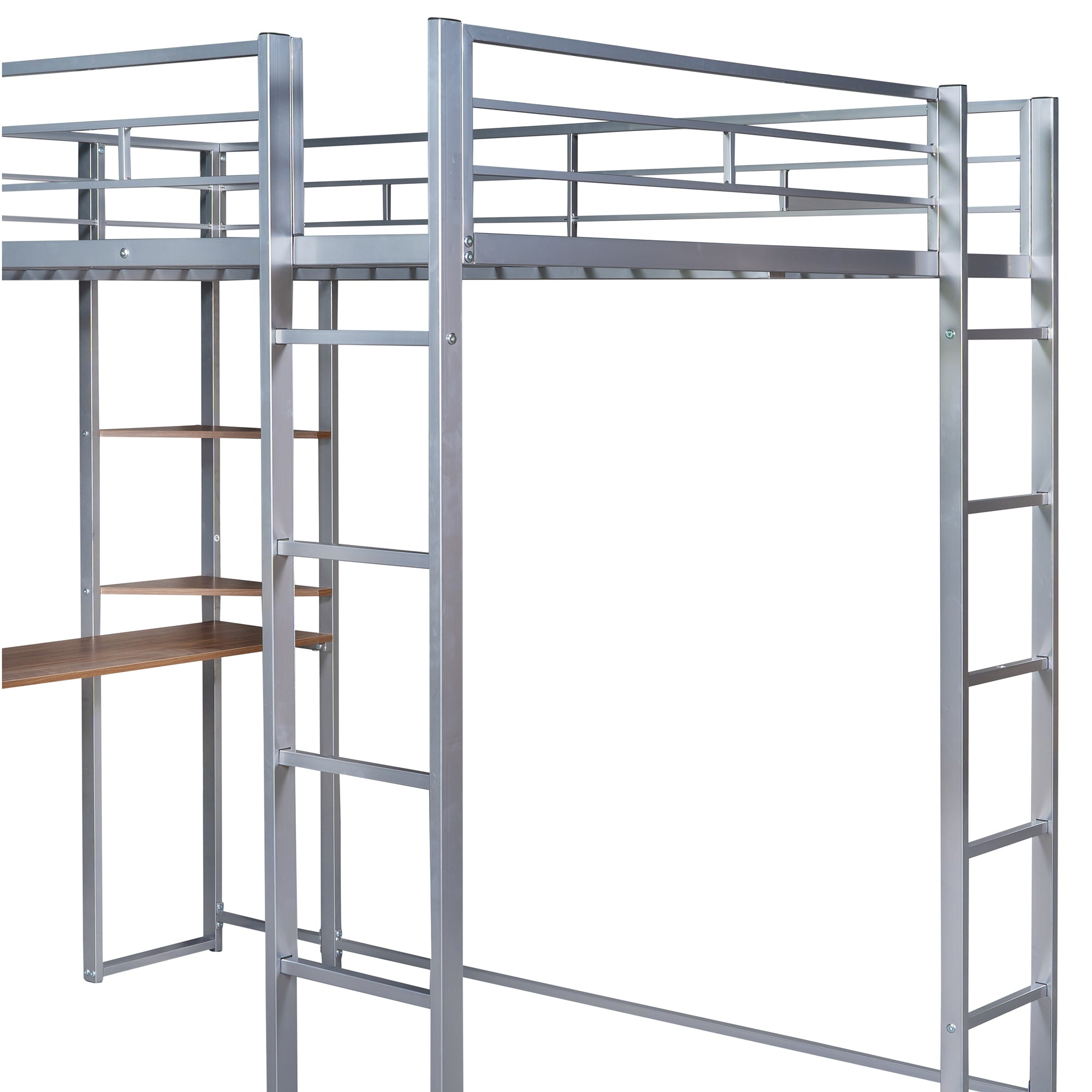 HAOYYE Full Size Metal Loft Bed with 2 Built-in Shelves & Desk, Silver – Space-Saving Design with Sturdy Metal Frame, Includes Full-Length Guardrails & Ladder, No Box Spring Needed, Perfect for Small Bedrooms & Dorm Rooms