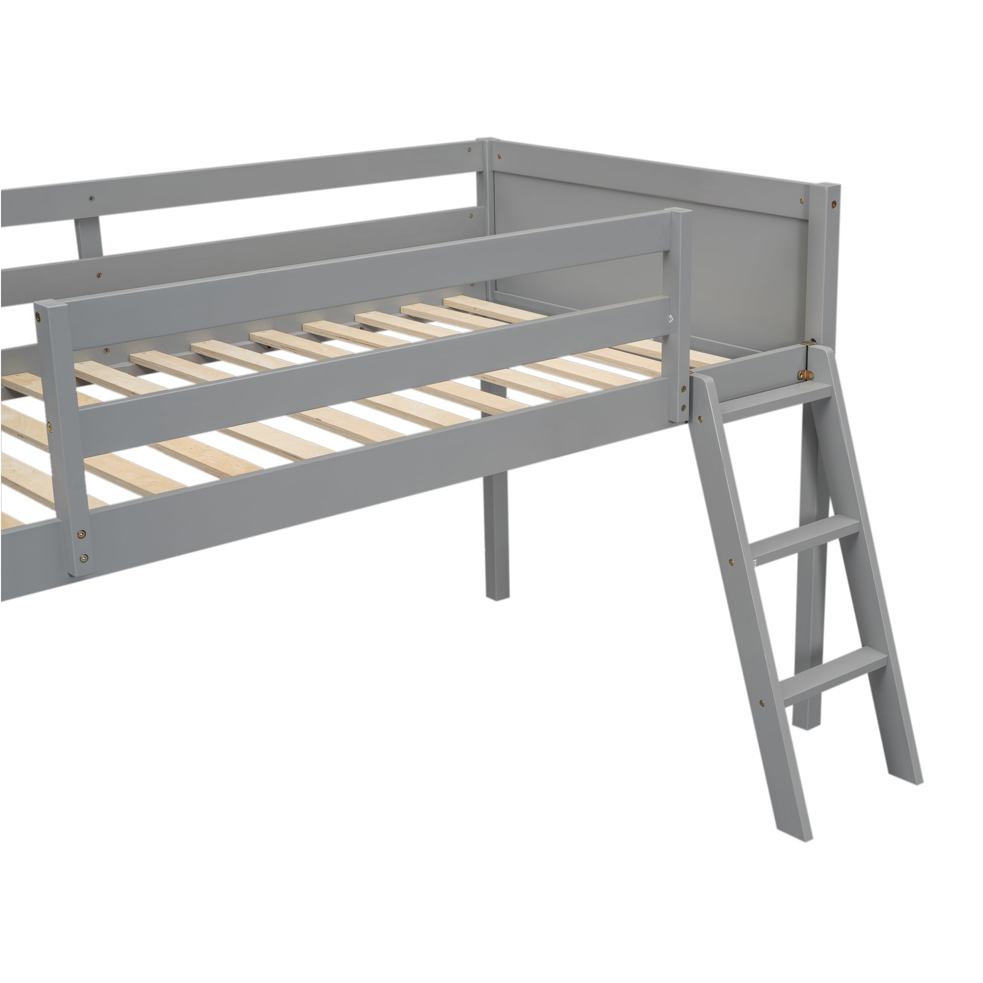HAOYYE Twin Size Wood Low Loft Bed with Ladder, ladder can be placed on the left or right, Gray Sturdy Space-Saving Heavy Duty Modern Design Adults Dorm Room Easy Assembly Bedroom Furniture