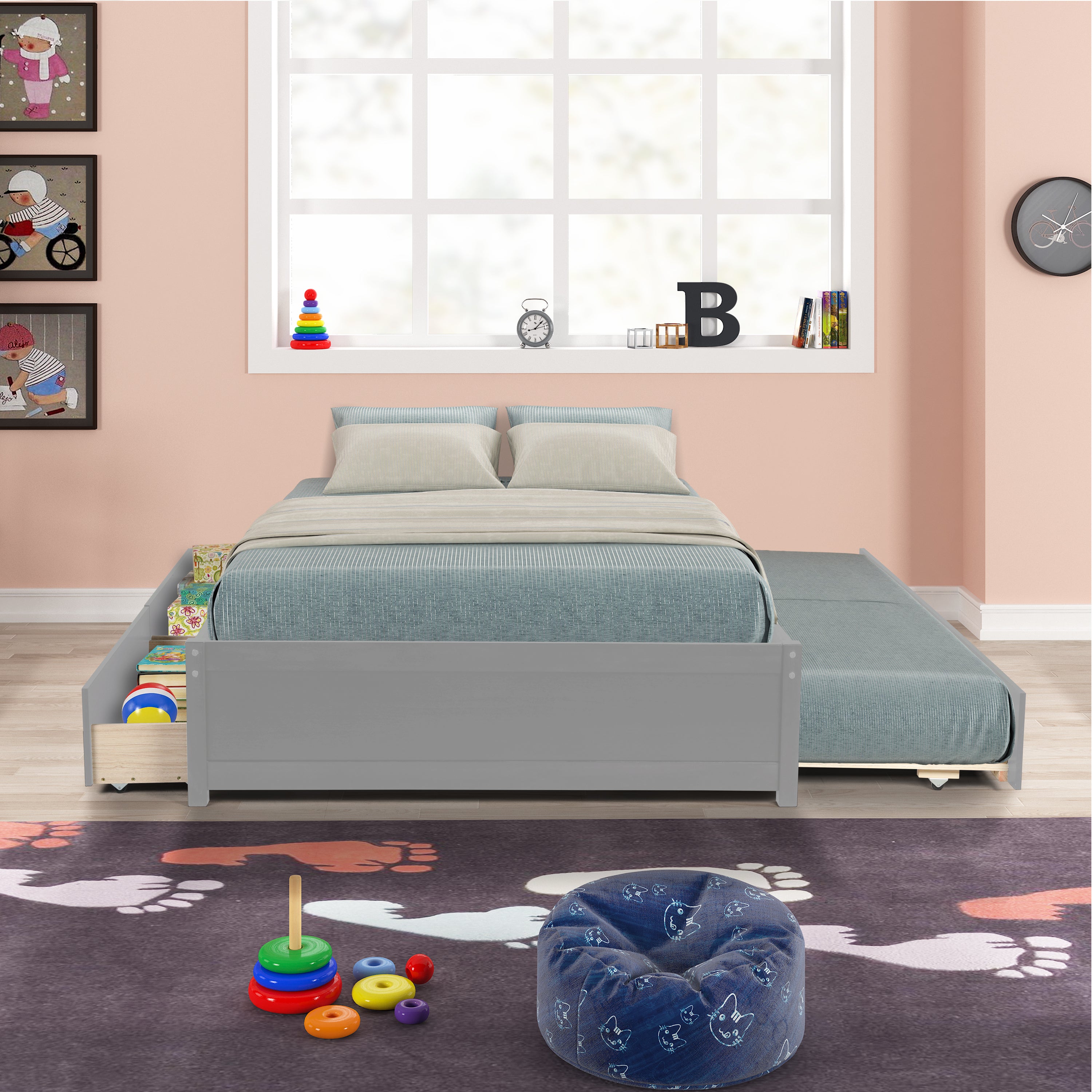 HAOYYE Full Bed With Twin Trundle And Storage Drawers, Grey Wood Platform Bed Frame, Space-Saving Heavy Duty Design, Modern Style For Bedroom Or Dorm Room, Easy Assembly