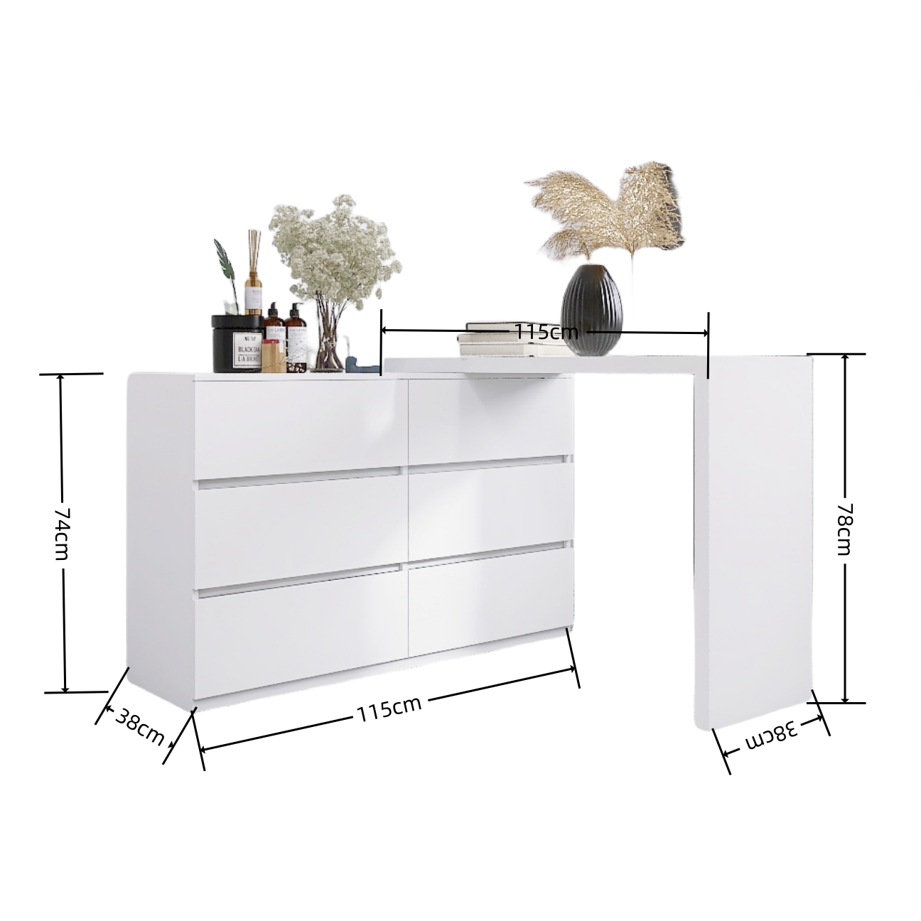 HAOYYE Extended Desktop 6-Drawer Dresser, White Modern Chest without Handles, Sturdy Space-Saving Design, Heavy Duty Construction, Ideal for Bedroom, Vanity, Dorm Room, Easy Assembly