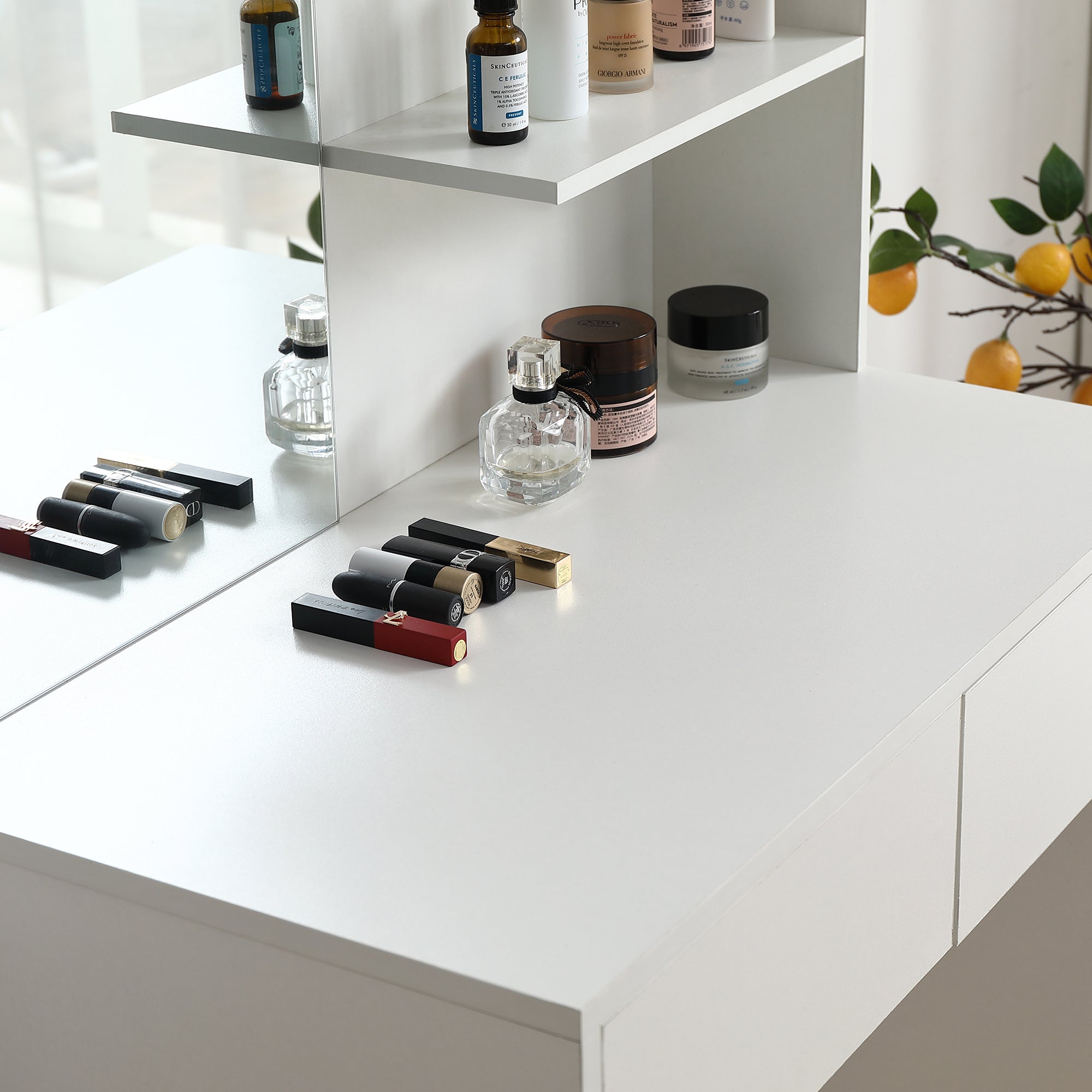 HAOYYE Vanity Desk with Mirror, White Dressing Table with 2 Drawers, Modern Makeup Vanity for Bedroom, Small Space Vanity Table with Storage, Sleek & Elegant Design for Girls and Women, Compact Beauty Station for Makeup Room