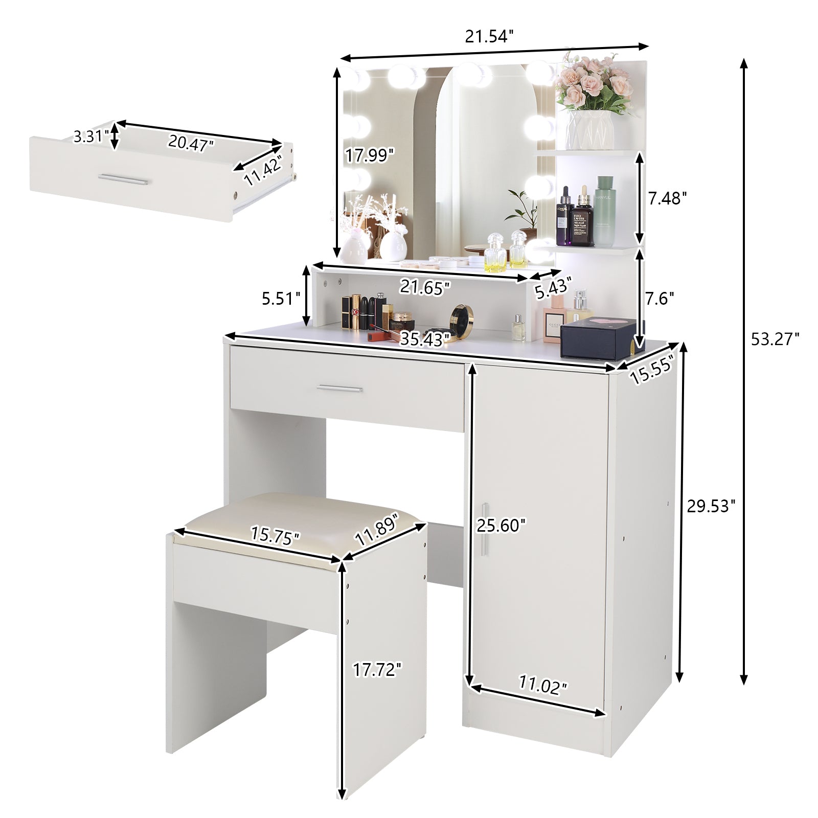 HAOYYE Large Vanity Set with LED Bulbs Makeup Table, Cushioned Stool, Multiple Storage Shelves, Drawer and Cabinet, Elegant Dressing Table Desk for Bedroom and Personal Use