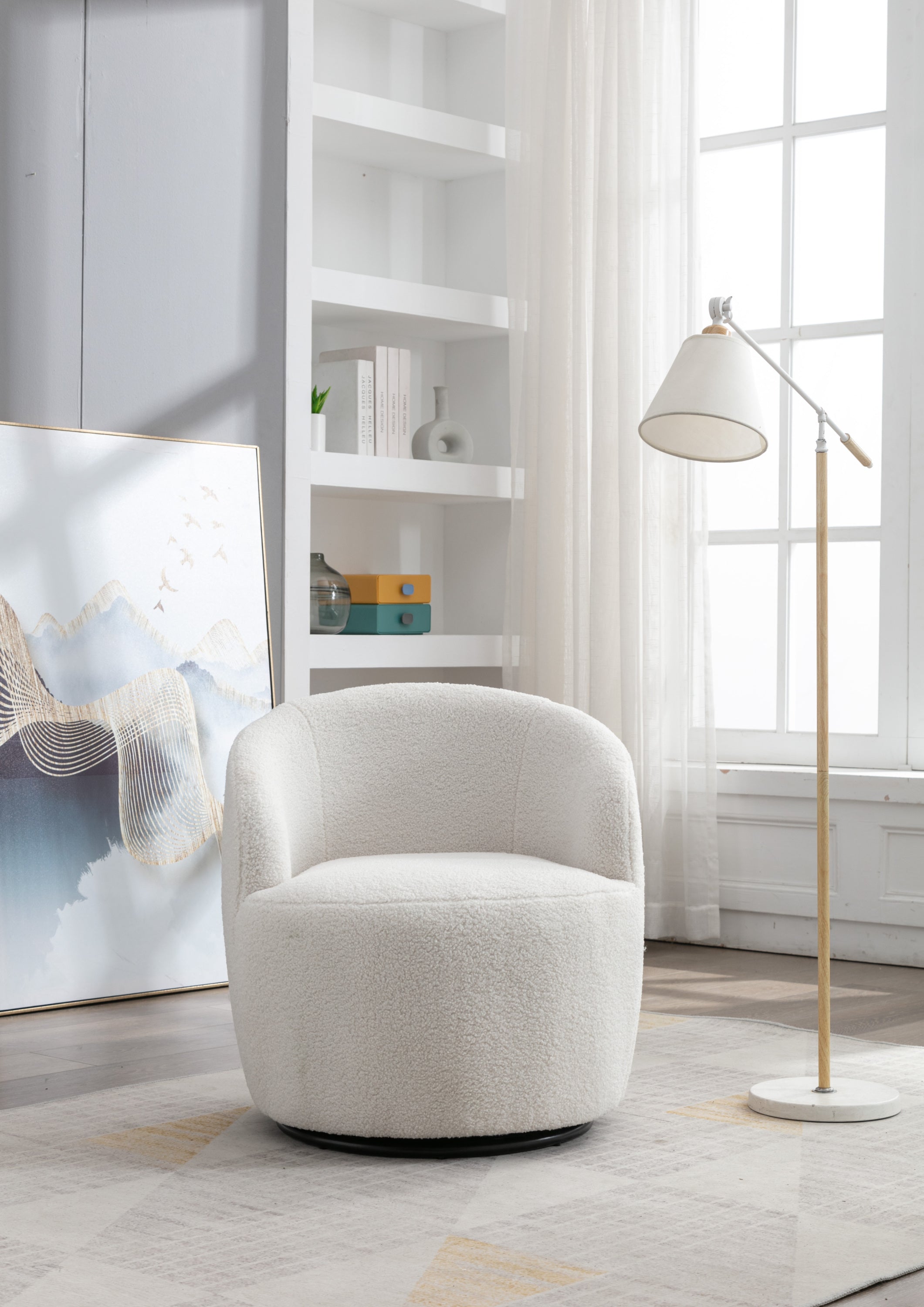 HAOYYE Teddy Fabric Swivel Accent Armchair Barrel Chair With Black Powder Coating Metal Ring,Ivory White Sturdy Space-Saving Heavy Duty Modern Design Easy Assembly Durable Stylish Home Furniture Versatile