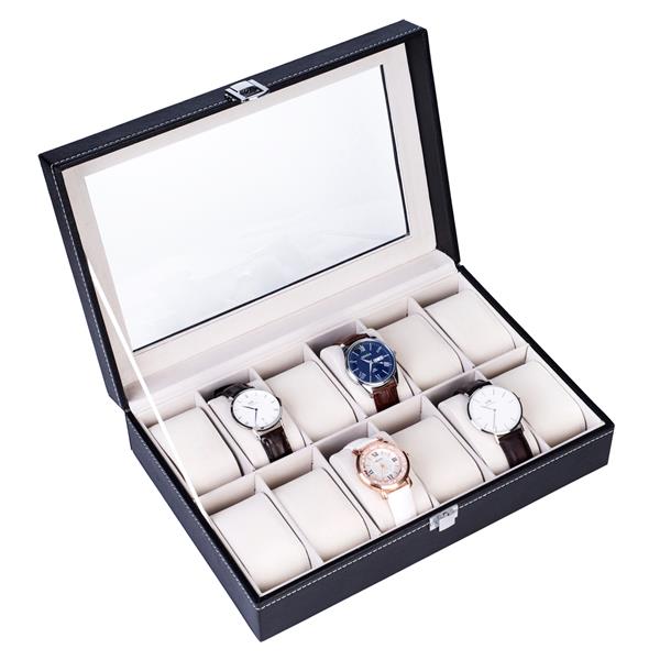 HAOYYE 12 Compartments Top-Level Opening Style Leather Watch Collection Box, Black Soft Cozy Warm Flannel Fleece Home Decor, Luxury Comfortable Unique Design, Premium Quality Decorative Display Case for Watches and Accessories