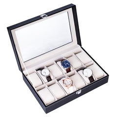 HAOYYE 12 Compartments Top-Level Opening Style Leather Watch Collection Box, Black Soft Cozy Warm Flannel Fleece Home Decor, Luxury Comfortable Unique Design, Premium Quality Decorative Display Case for Watches and Accessories