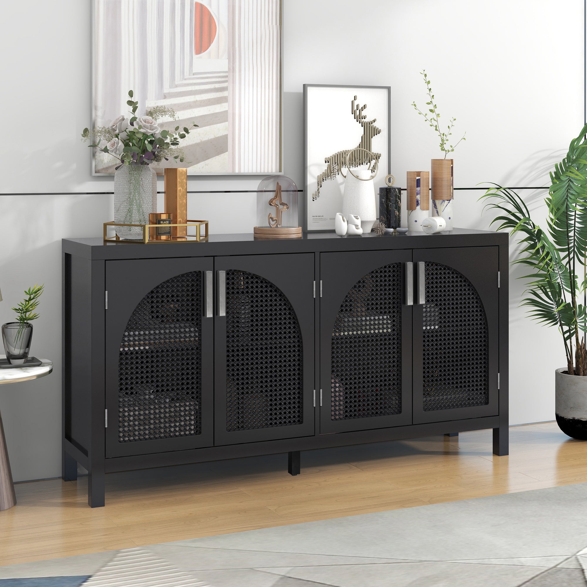 HAOYYE Large Storage Space Sideboard with Artificial Rattan Door and Metal Handles for Living Room and Entryway (Black) Sturdy Space-Saving Heavy Duty Modern Design Adults Dorm Room Easy Assembly