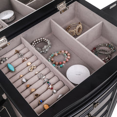 HAOYYE Jewelry Armoire with Mirror, 7 Drawers, 24 Necklace Hooks, and 2 Side Swing Doors, Elegant Black Finish, Large Storage Organizer for Jewelry, Accessories, and More, Stylish and Functional Design for Bedroom or Dressing Room