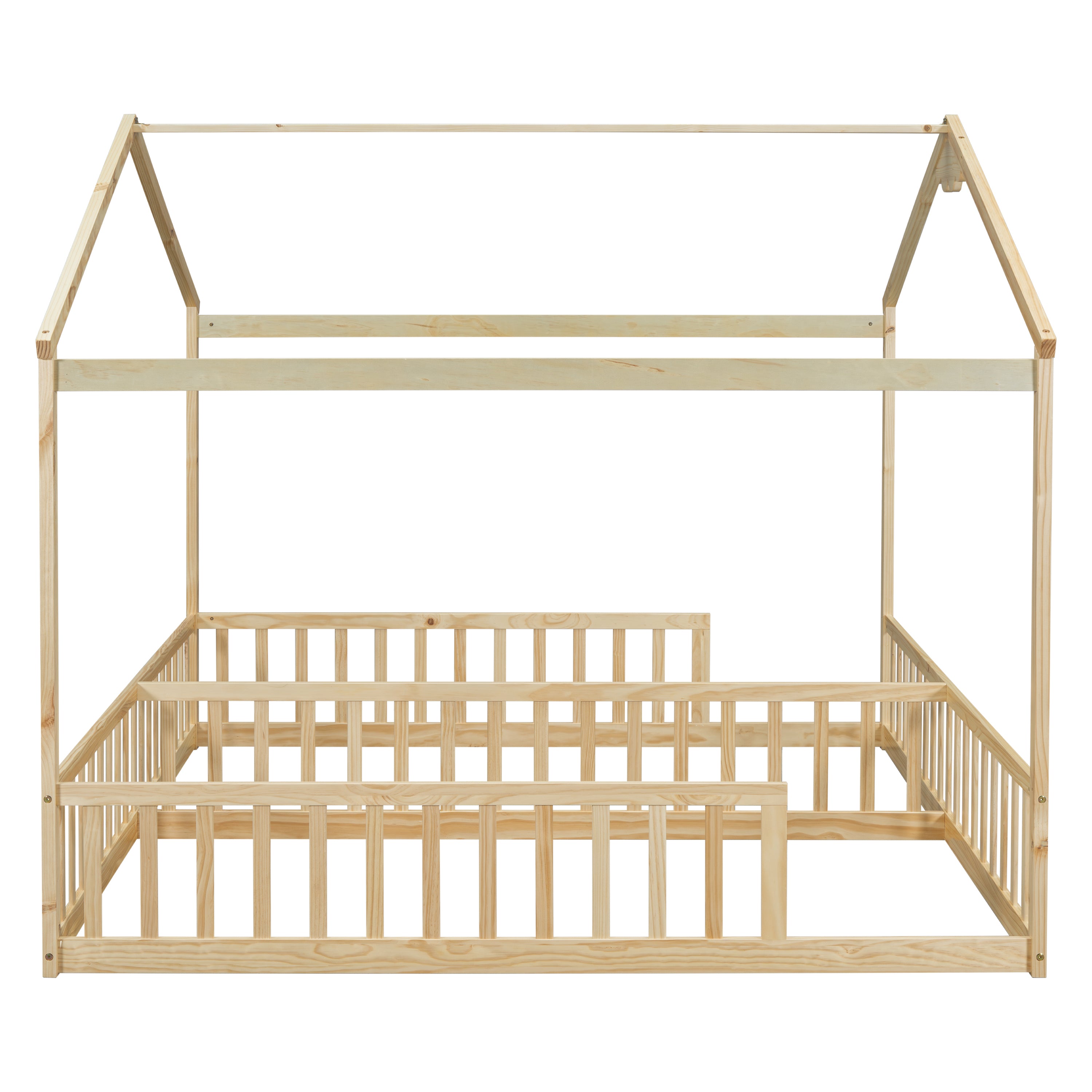 HAOYYE Double Twin House-Style Floor Bed with Fence, Guardrails, without door, Natural Sturdy Space-Saving Heavy Duty Modern Design Adults Dorm Room Easy Assembly Bedroom Furniture