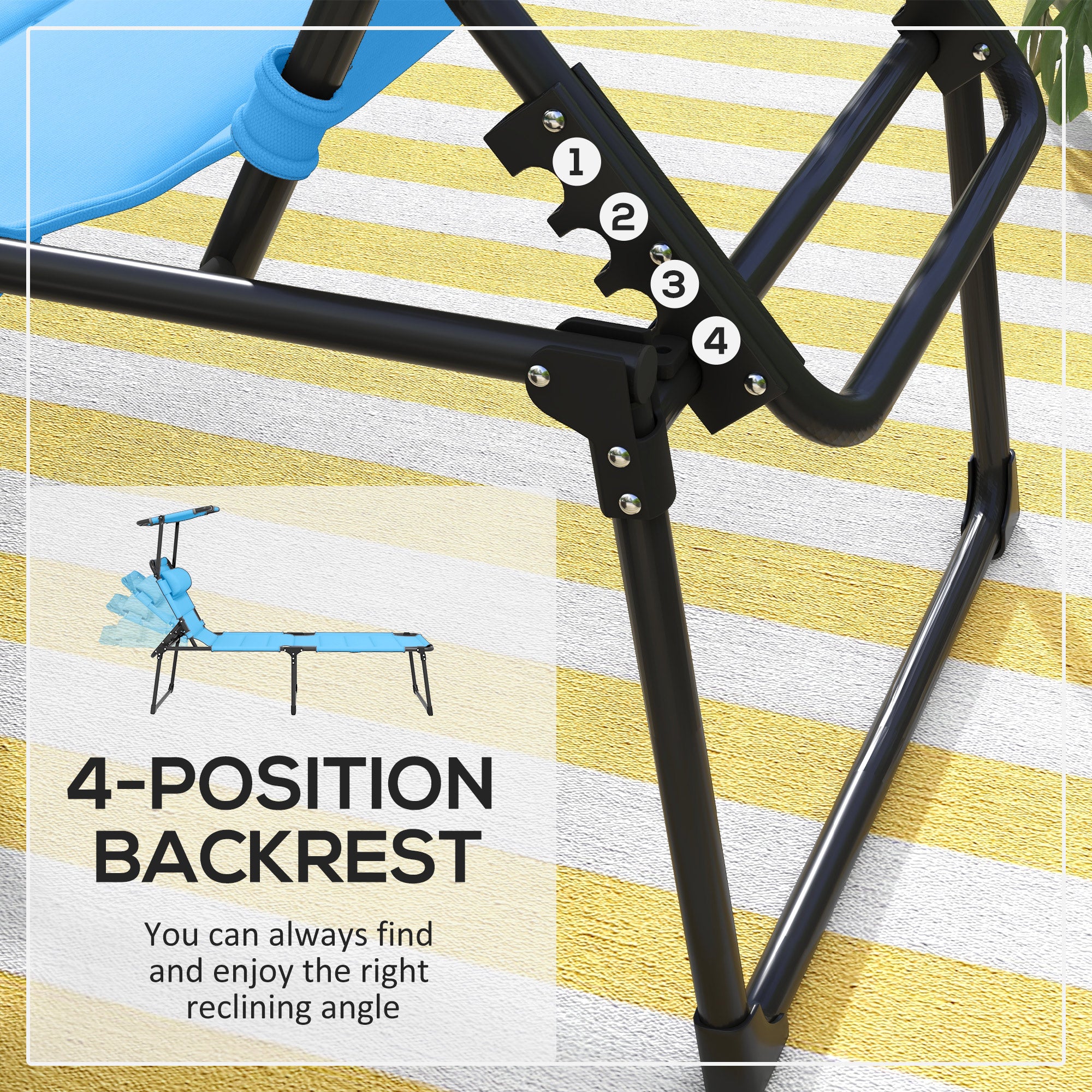 HAOYYE Folding Lounge Chair for Outdoor Relaxation Portable Reclining Beach Chair with Adjustable Backrest Sunshade Canopy and Padded Design for Patio Garden Poolside Travel Camping