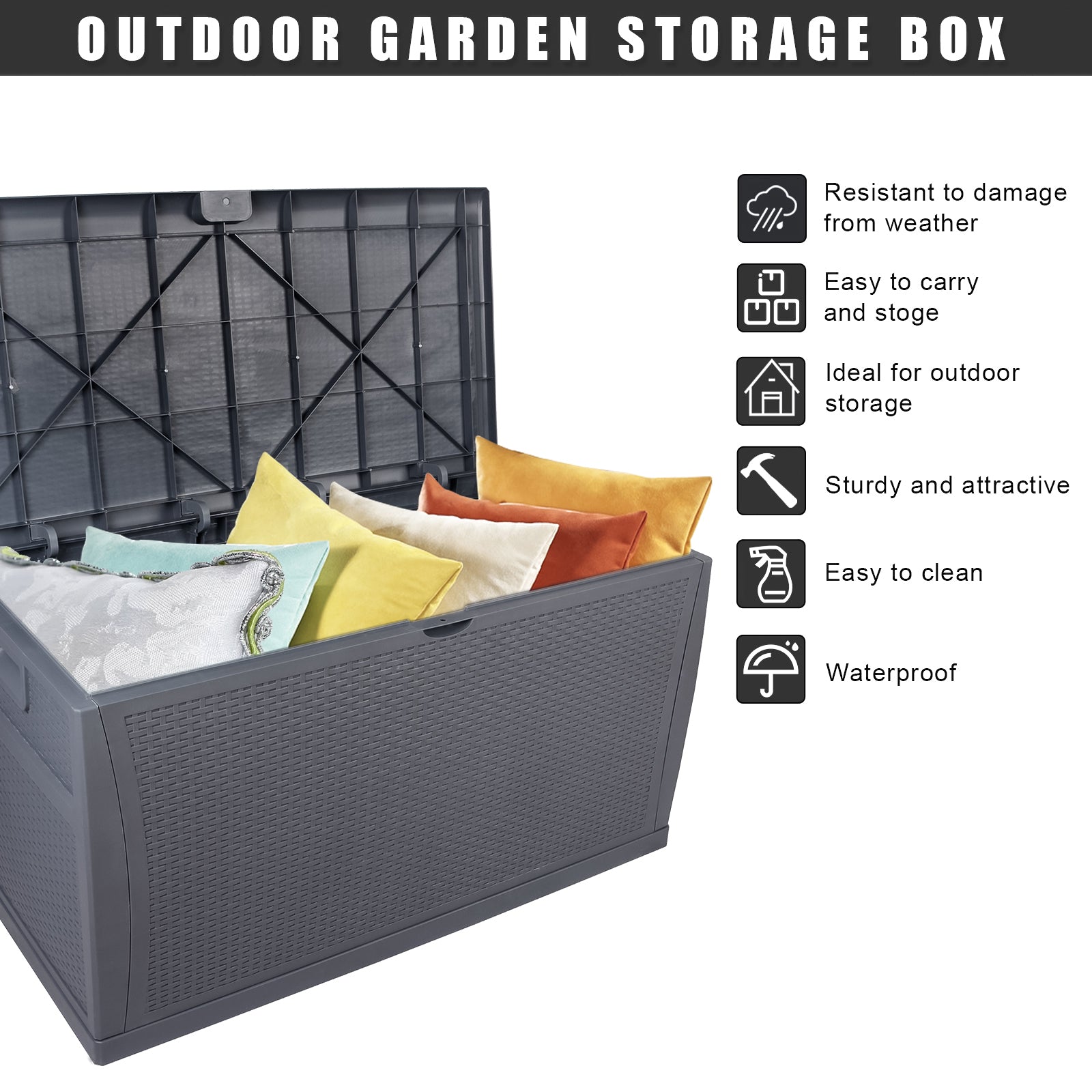 HAOYYE 120 Gallon Outdoor Plastic Storage Deck Box Waterproof Lockable Garden Chest with Lid for Patio Tools Cushions Pool Accessories Toys Backyard Bench Style Container with Seating Function 460 Liter Capacity