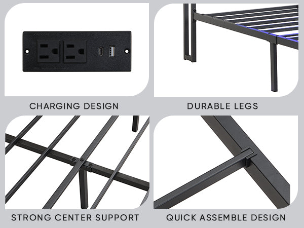 HAOYYE King Bed Frame with Storage Headboard, Drawers, LED Lighting, and Built-in Charging Station, Modern Upholstered Platform Design, Sturdy Space-Saving Grey Construction, No Box Spring Needed, Easy Assembly