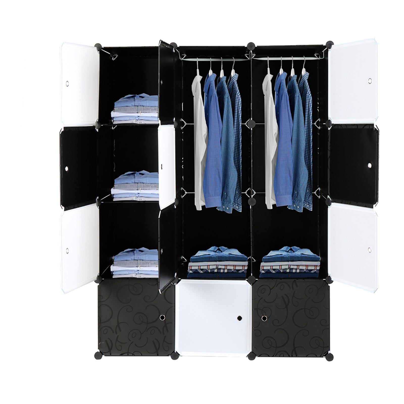 DE Direct HAOYYE 12 Cube Organizer Stackable Plastic Storage Shelves Modular Closet Cabinet with Hanging Rod Multifunctional Stackable Design for Bedroom Entryway Living Room Black and White