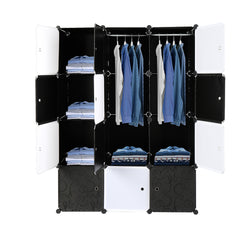 DE Direct HAOYYE 12 Cube Organizer Stackable Plastic Storage Shelves Modular Closet Cabinet with Hanging Rod Multifunctional Stackable Design for Bedroom Entryway Living Room Black and White